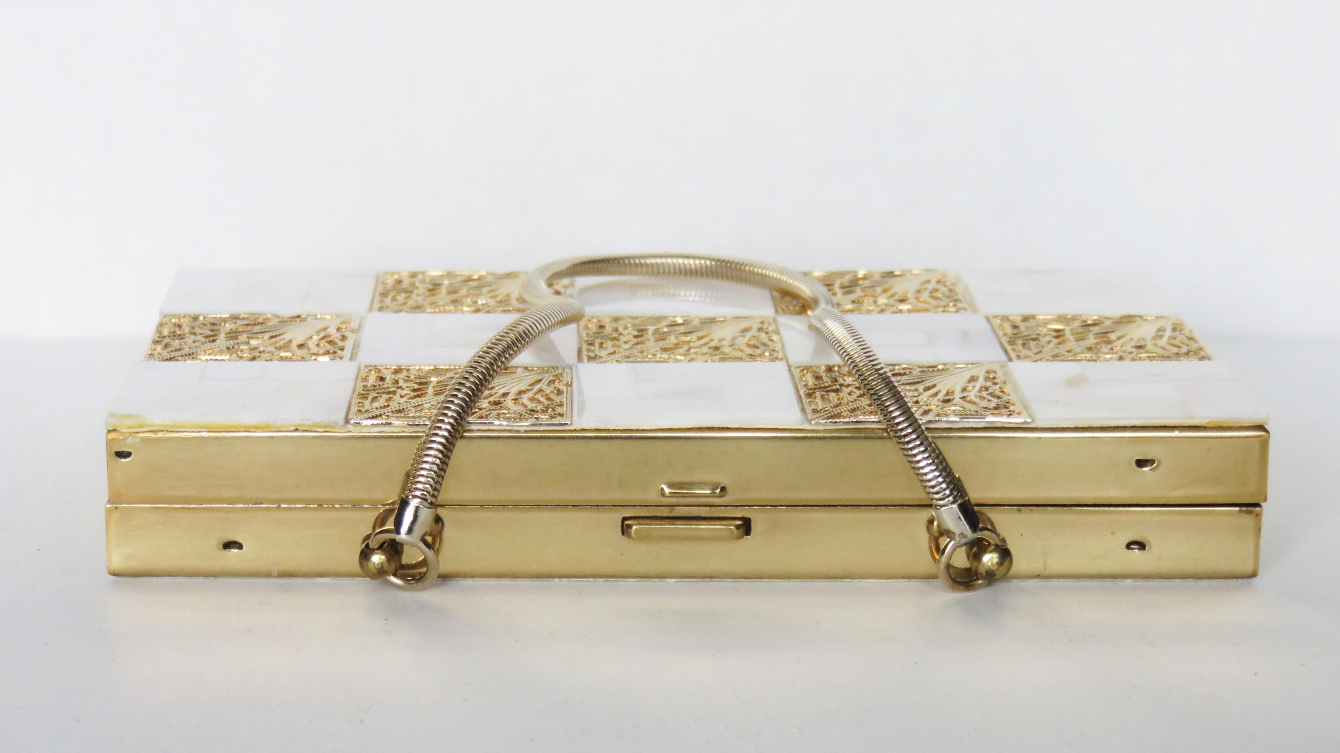 Beige Mother of Pearl and Filigree 1950s Compact Purse Minaudiere