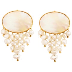 Mother of Pearl and Genuine Pearl Omega Back Custom Earrings, circa 1970