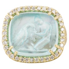 Mother of Pearl and Glass Intaglio Diamond Ring in 14K Gold