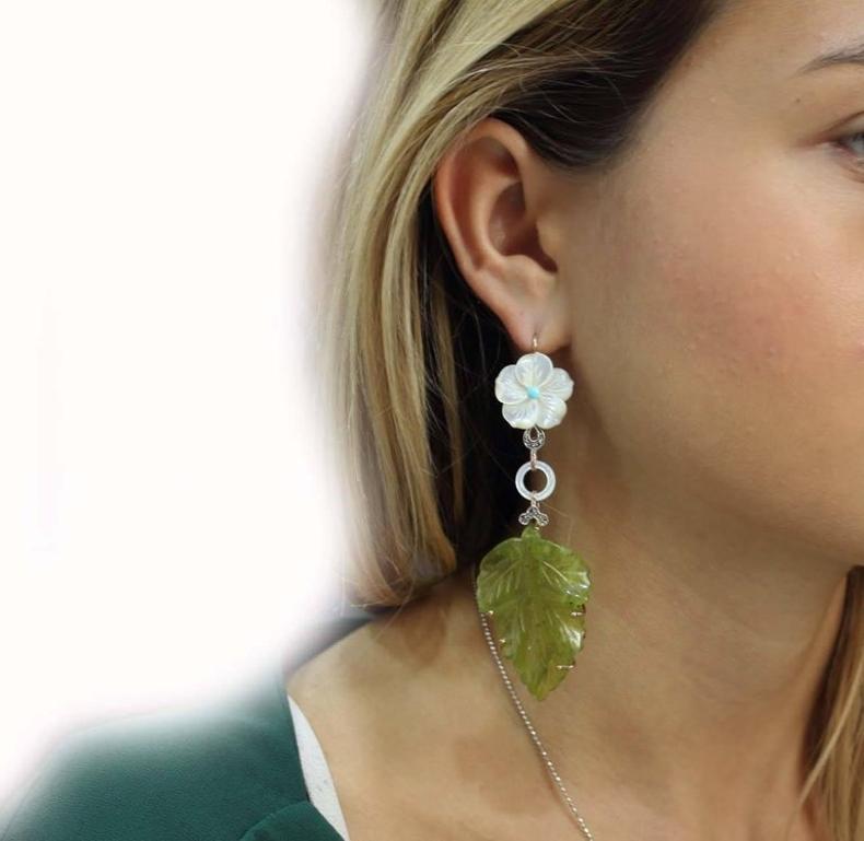 Mixed Cut White Stones and Jade Dangle Gold Earrings For Sale