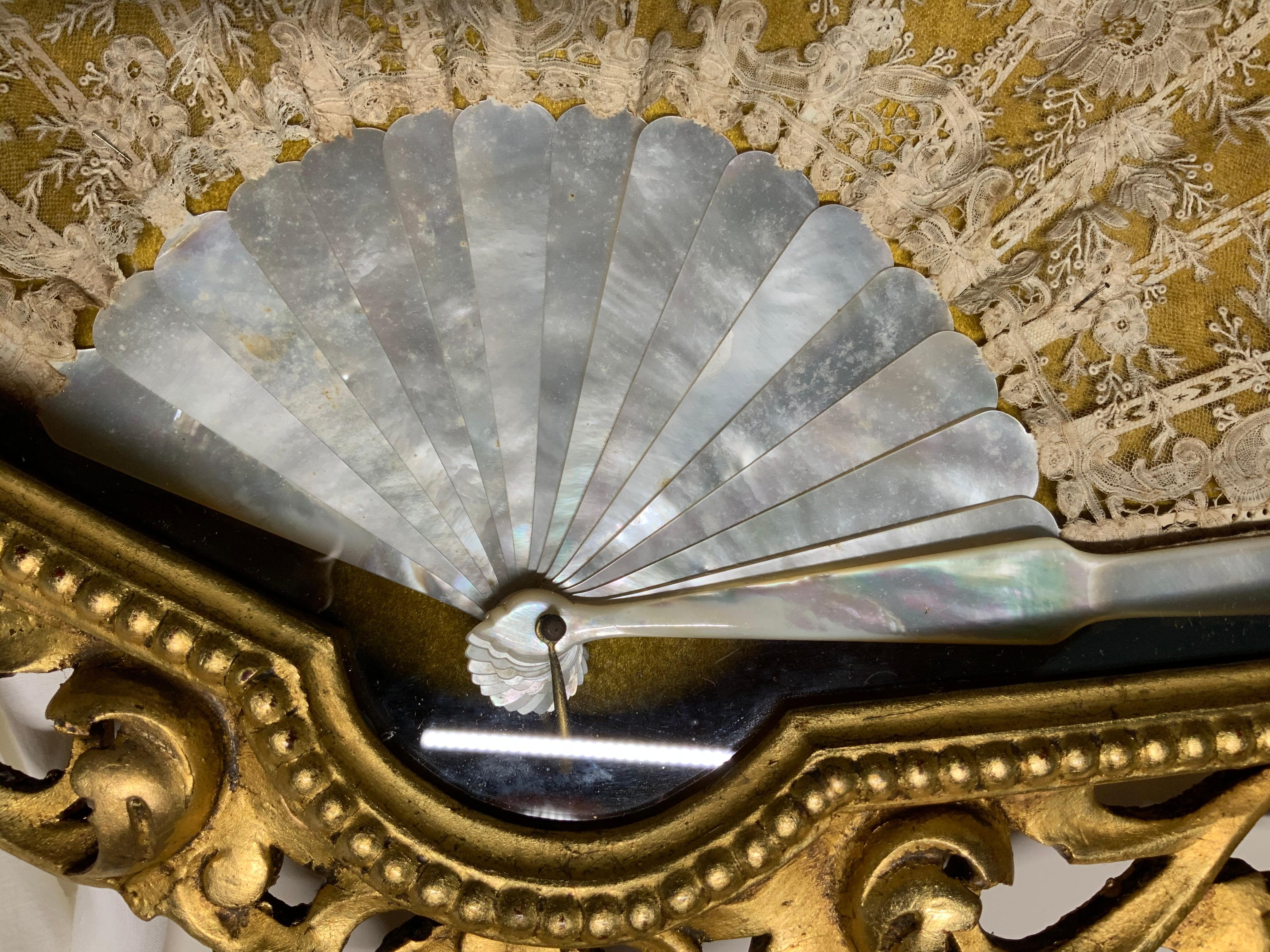 Unknown Mother of Pearl and Lace Fan Gilt Wood Display For Sale