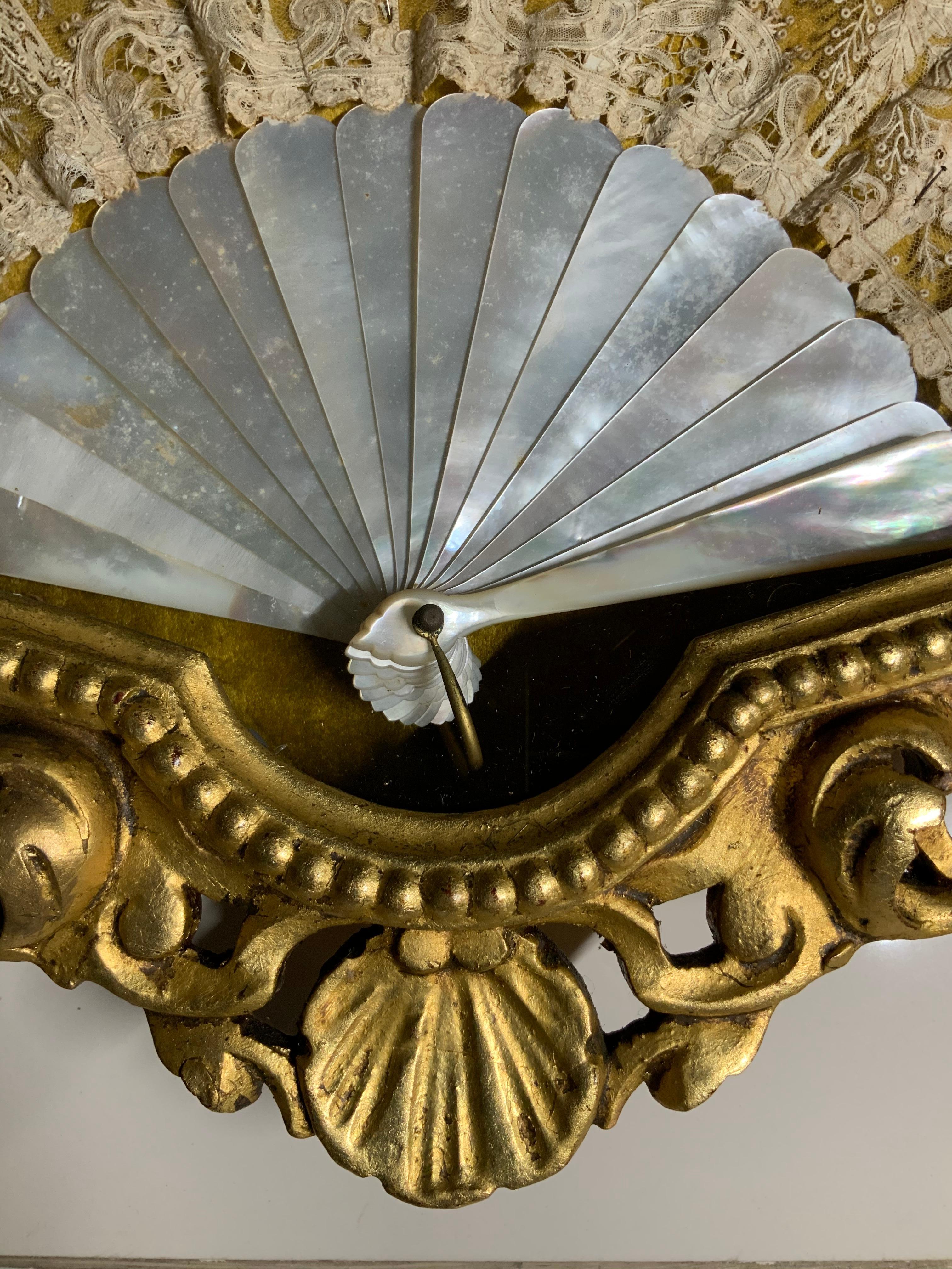 Hand-Crafted Mother of Pearl and Lace Fan Gilt Wood Display For Sale
