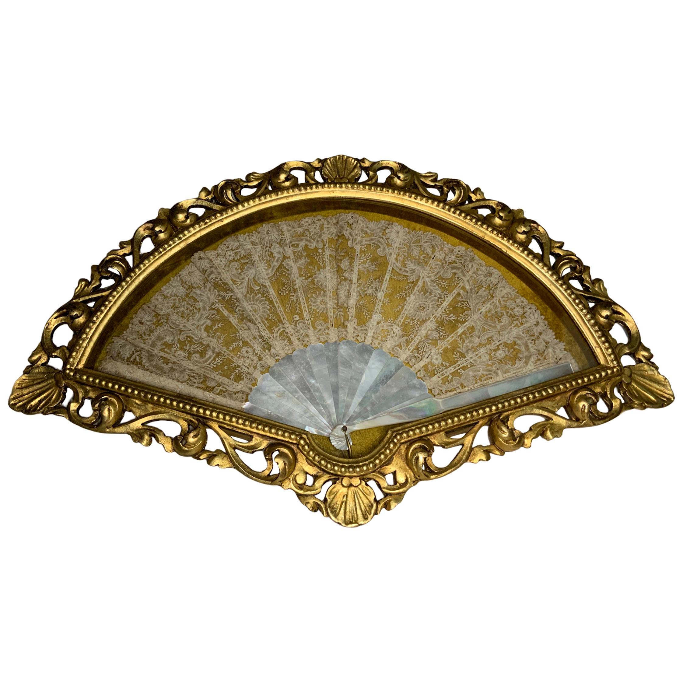 Mother of Pearl and Lace Fan Gilt Wood Display For Sale