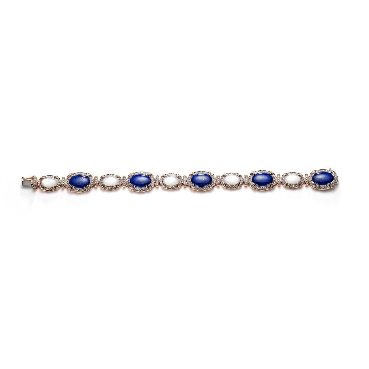 Bracelet in 18kt pink gold set with 290 diamonds 2.47 cts, 5 mother-of-pearl 4.56 cts and 5 lapis lazuli 9.93 ct           