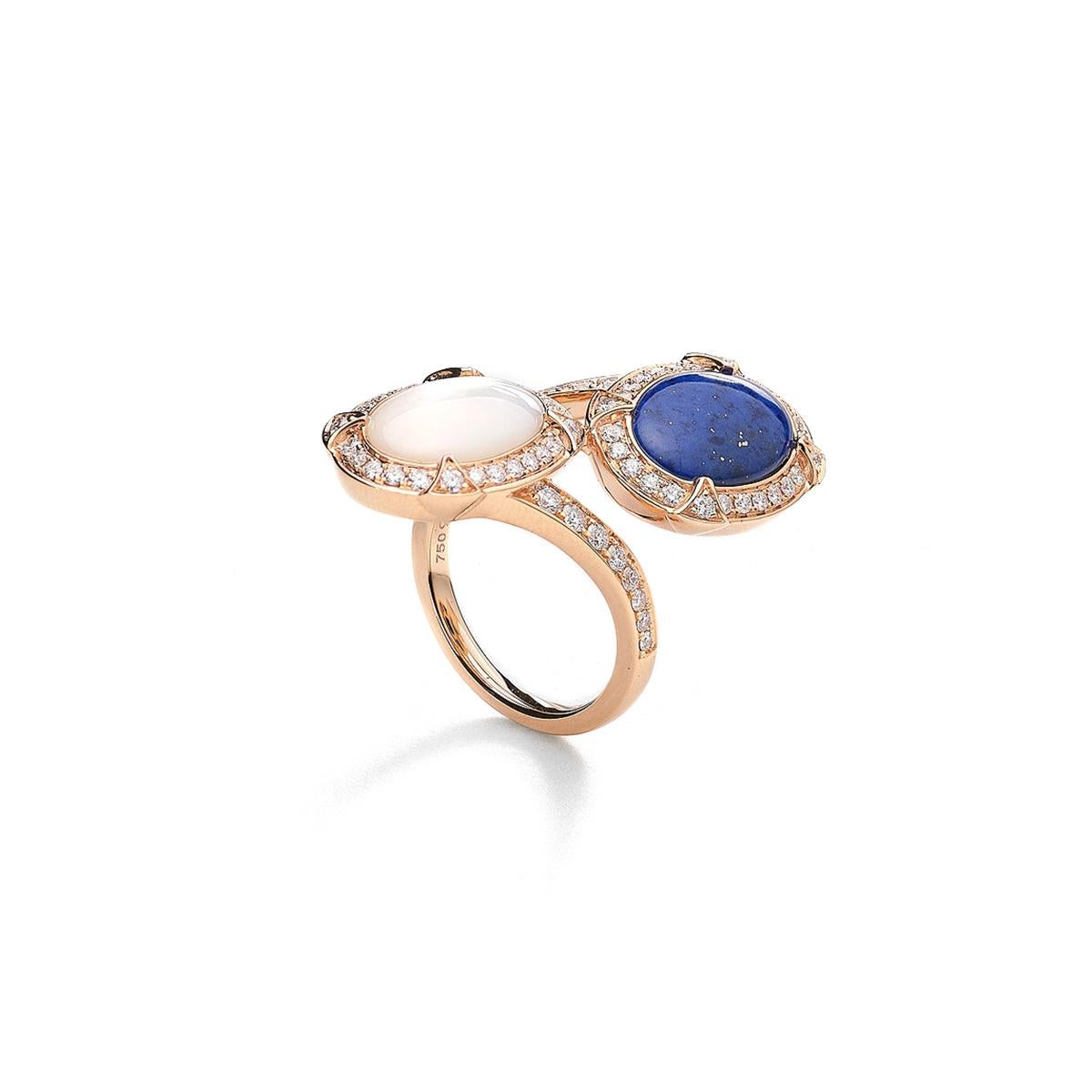 Ring in 18kt pink gold set with 68 diamonds 0.77 cts, one mother of pearl 1.80 cts and one lapis lazuli 1.92 cts Size 53