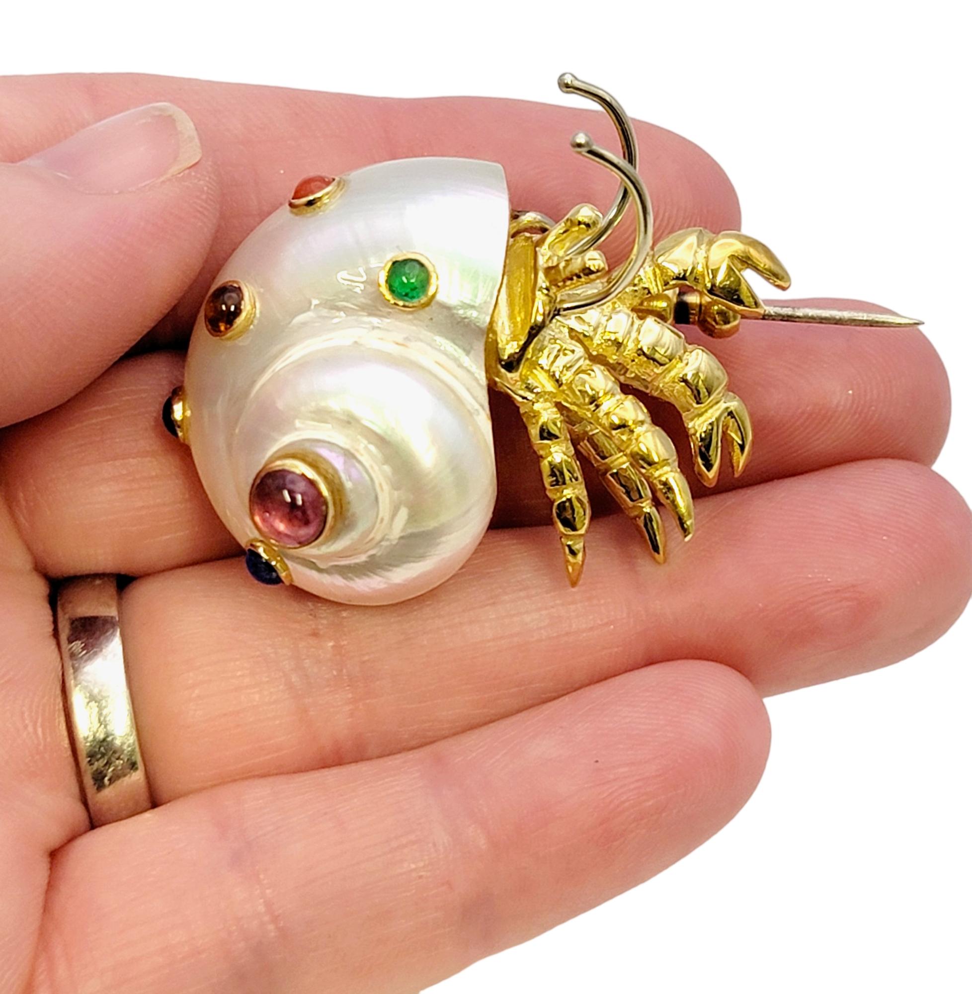 Mother of Pearl and Multi-Gemstone Hermit Crab 18 Karat Yellow Gold Brooch  For Sale 3