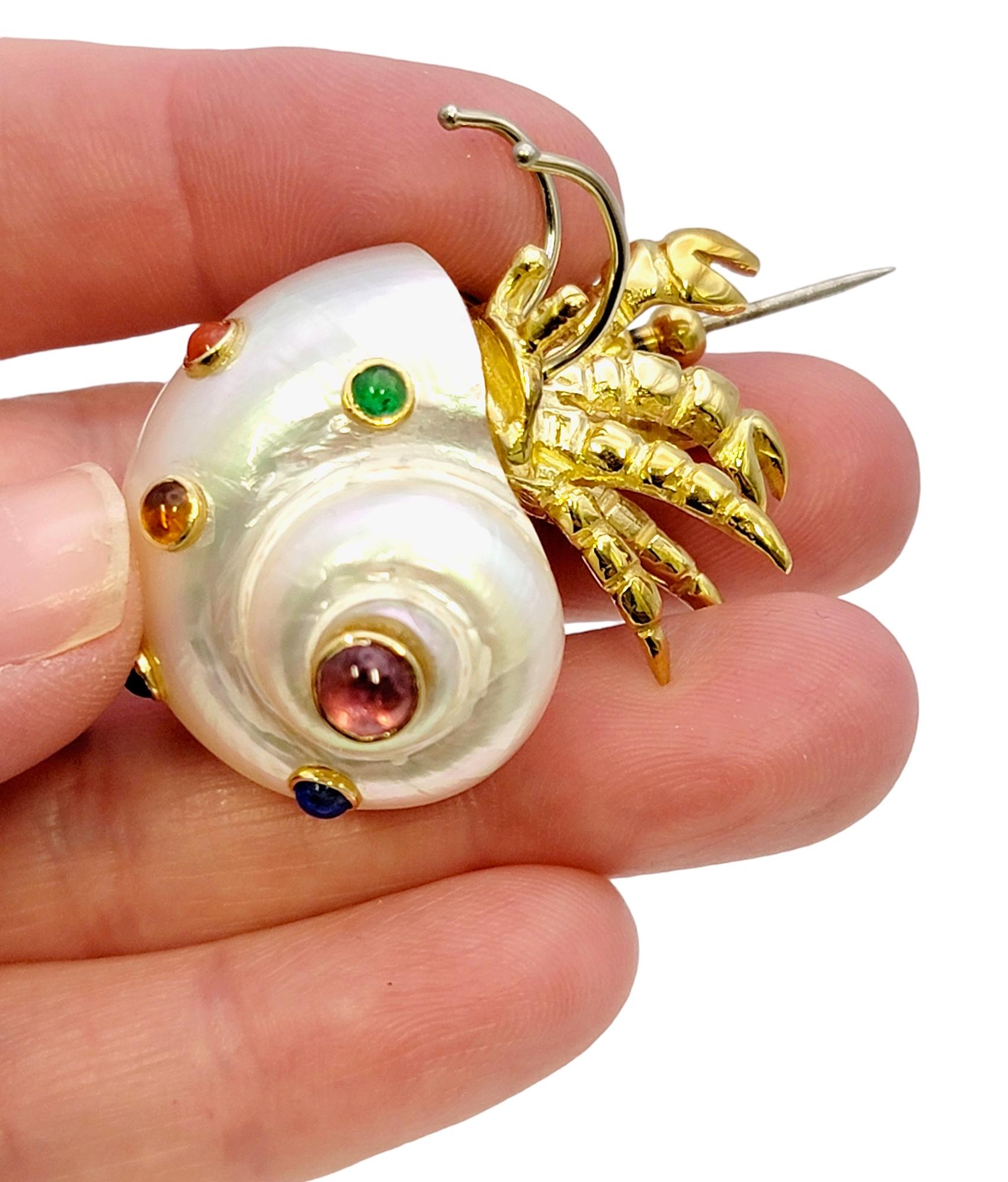 Mother of Pearl and Multi-Gemstone Hermit Crab 18 Karat Yellow Gold Brooch  For Sale 4