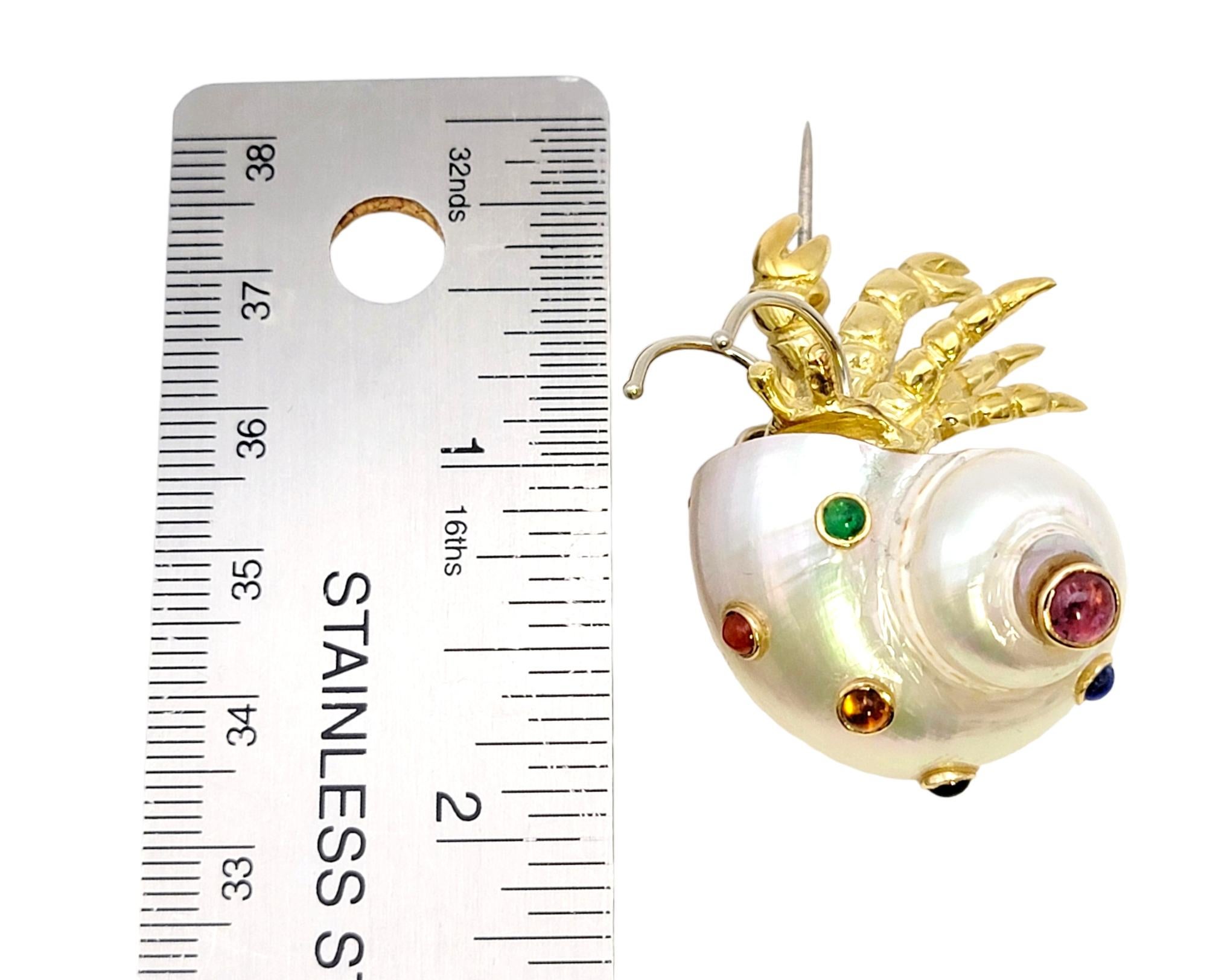 Mother of Pearl and Multi-Gemstone Hermit Crab 18 Karat Yellow Gold Brooch  For Sale 5