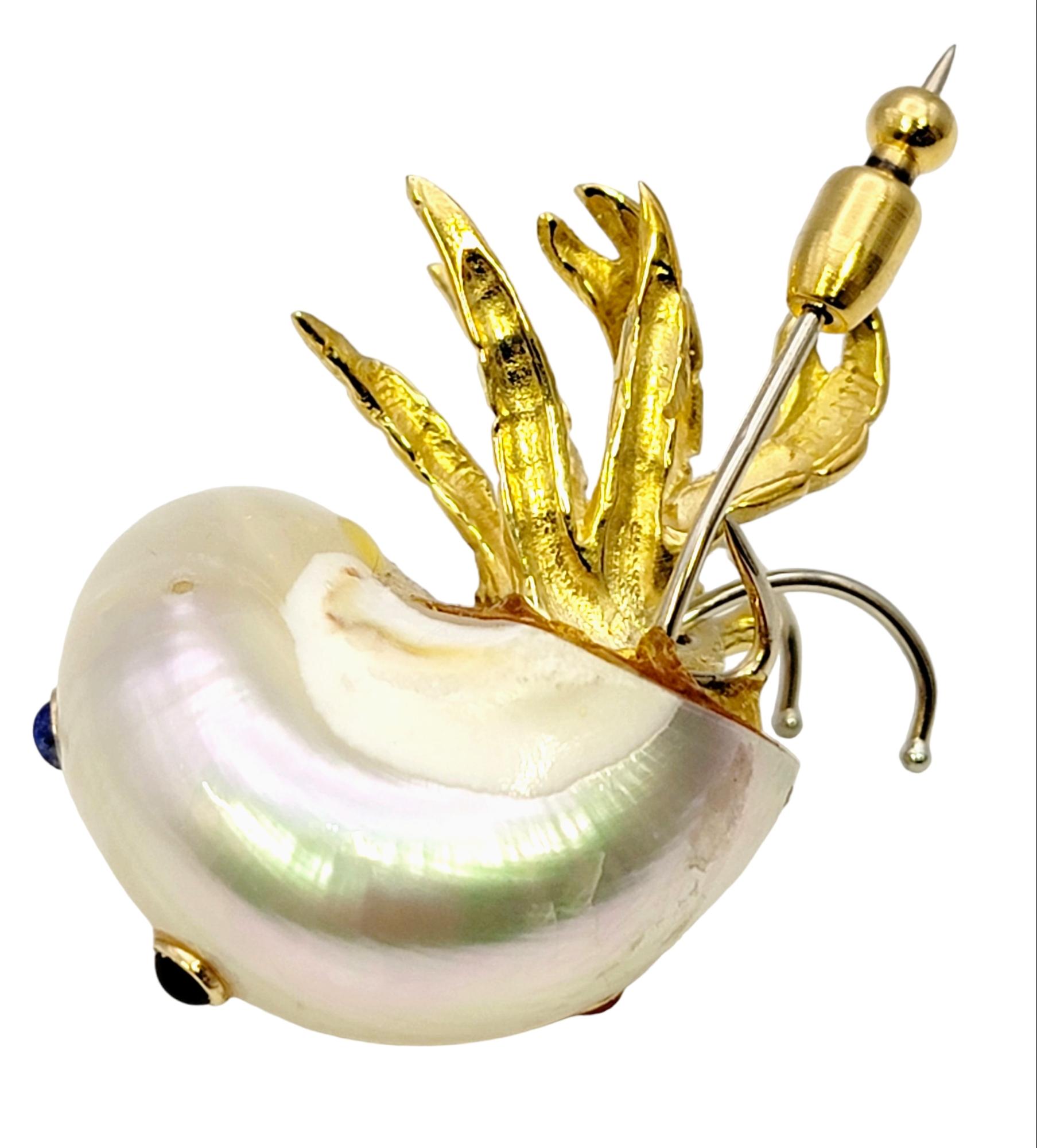 Contemporary Mother of Pearl and Multi-Gemstone Hermit Crab 18 Karat Yellow Gold Brooch  For Sale