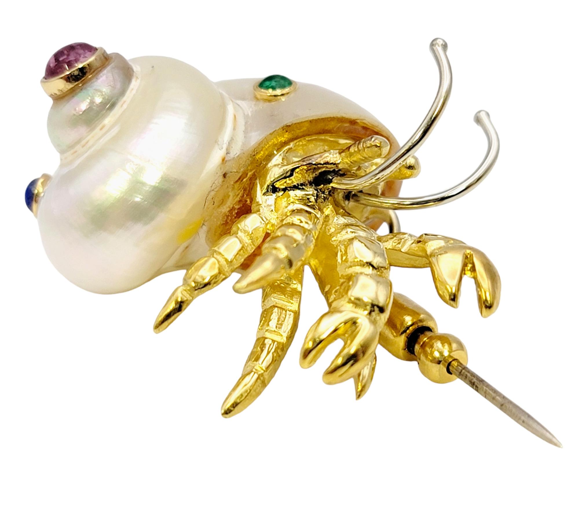 Cabochon Mother of Pearl and Multi-Gemstone Hermit Crab 18 Karat Yellow Gold Brooch  For Sale