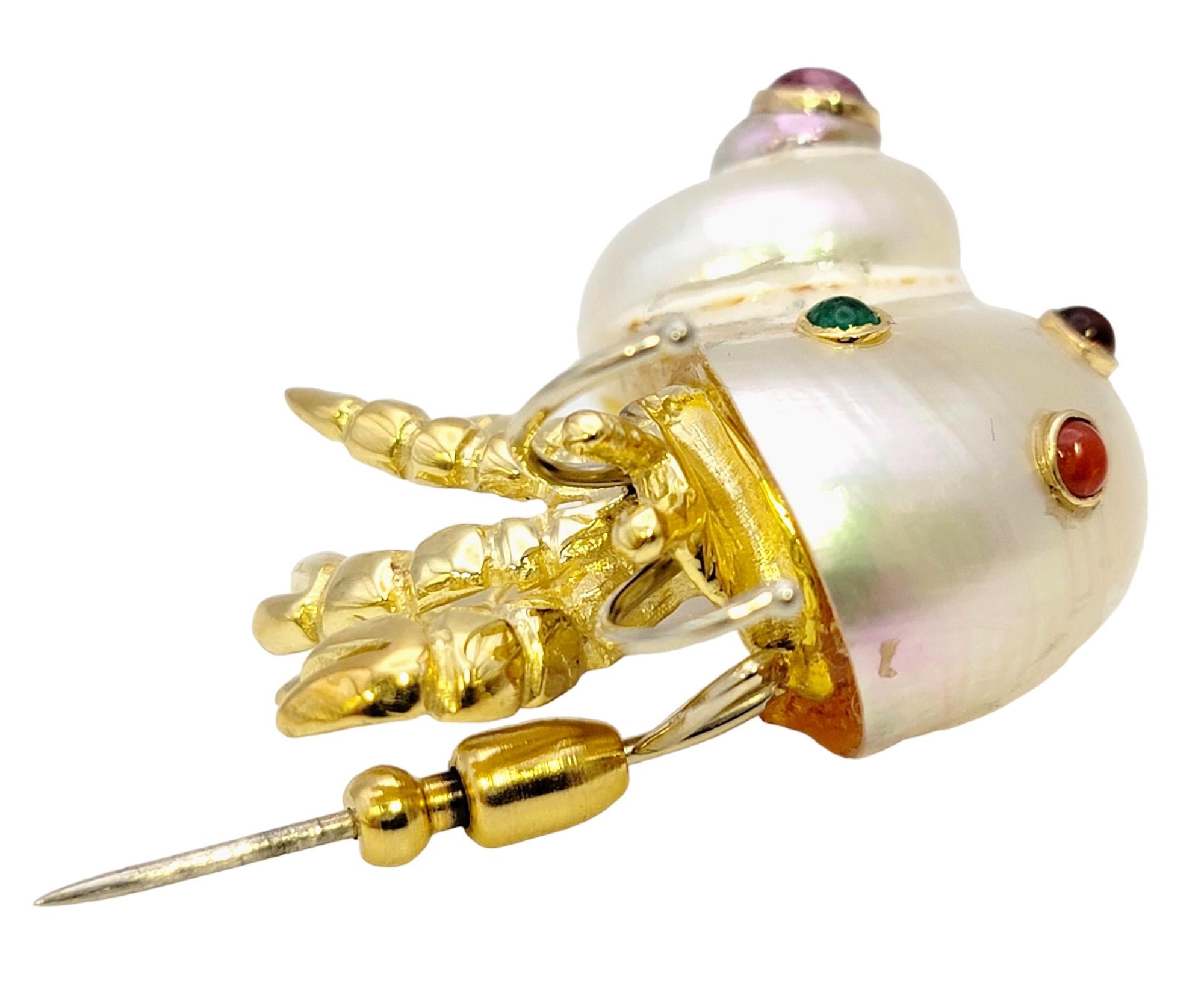 Mother of Pearl and Multi-Gemstone Hermit Crab 18 Karat Yellow Gold Brooch  In Good Condition For Sale In Scottsdale, AZ