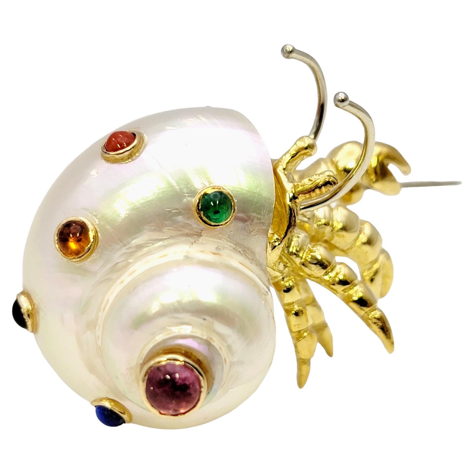 Mother of Pearl and Multi-Gemstone Hermit Crab 18 Karat Yellow Gold Brooch  For Sale