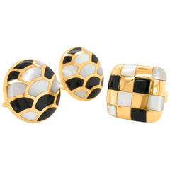 Retro Mother of Pearl and Onyx Earrings and Ring