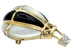 Mother of Pearl and Onyx Hot Air Balloon Brooch / Pendant with Diamond Basket