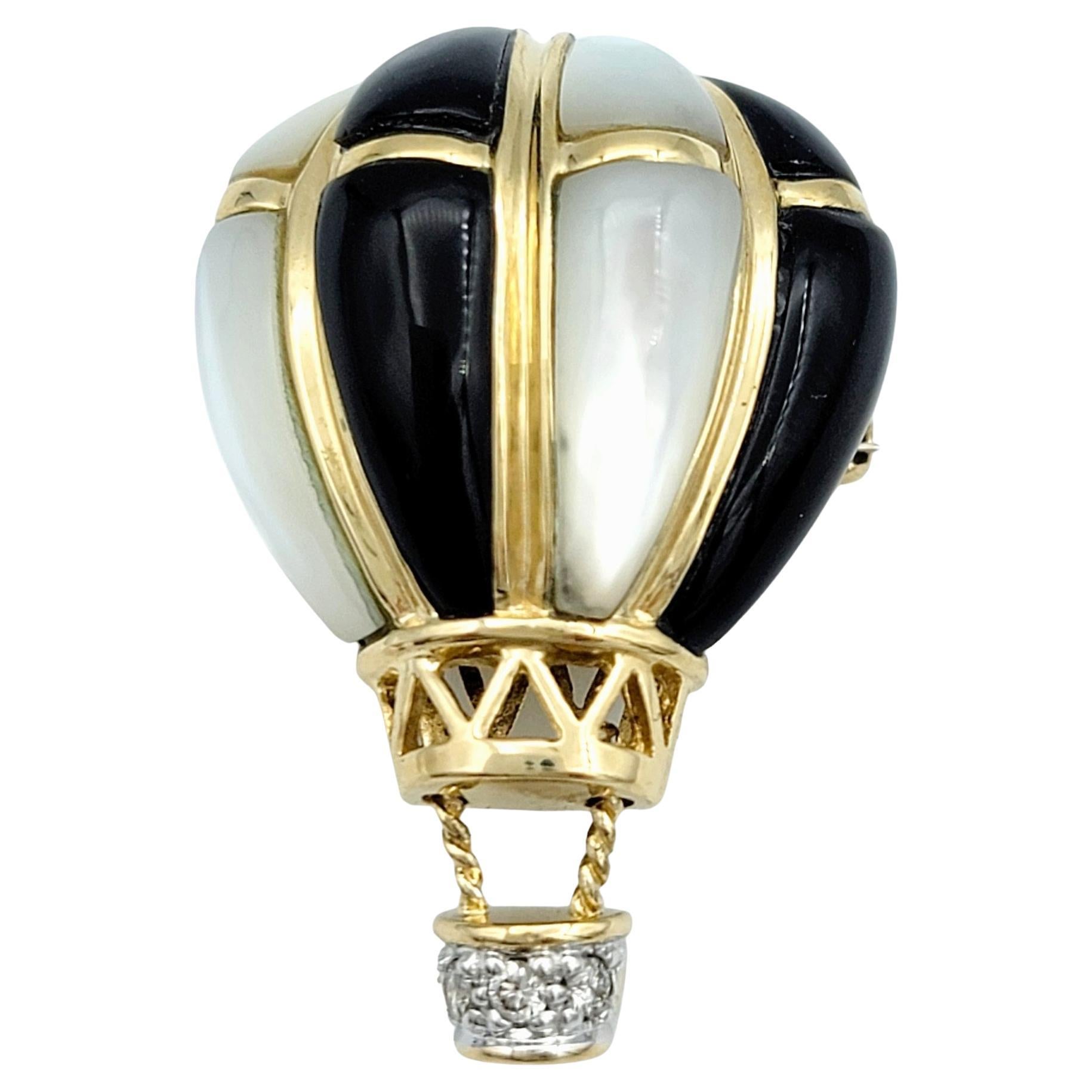 Mother of Pearl and Onyx Hot Air Balloon Brooch / Pendant with Diamond Basket
