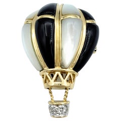 Mother of Pearl and Onyx Hot Air Balloon Brooch / Pendant with Diamond Basket