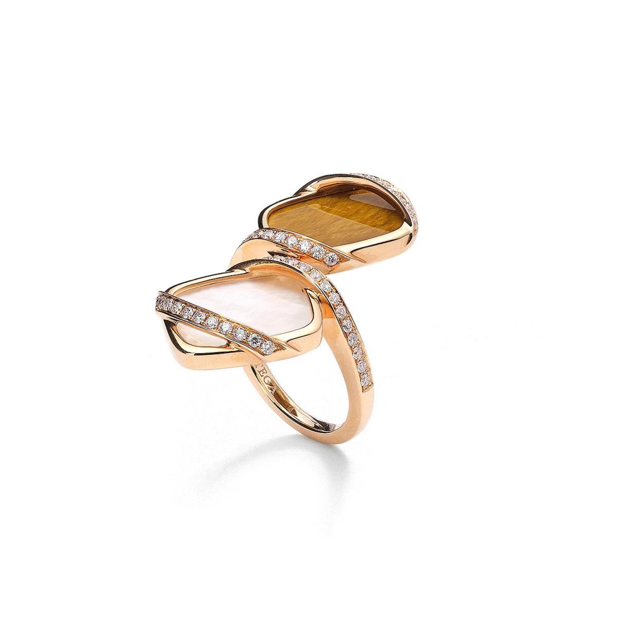 Ring in 18kt pink gold set with 52 diamonds 0.49 cts, one mother of pearl 3.45 cts and one tiger eye 3.42 cts Size 52