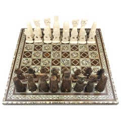 Mother-of-Pearl and Wooden Inlaid Marquetry Chess Set