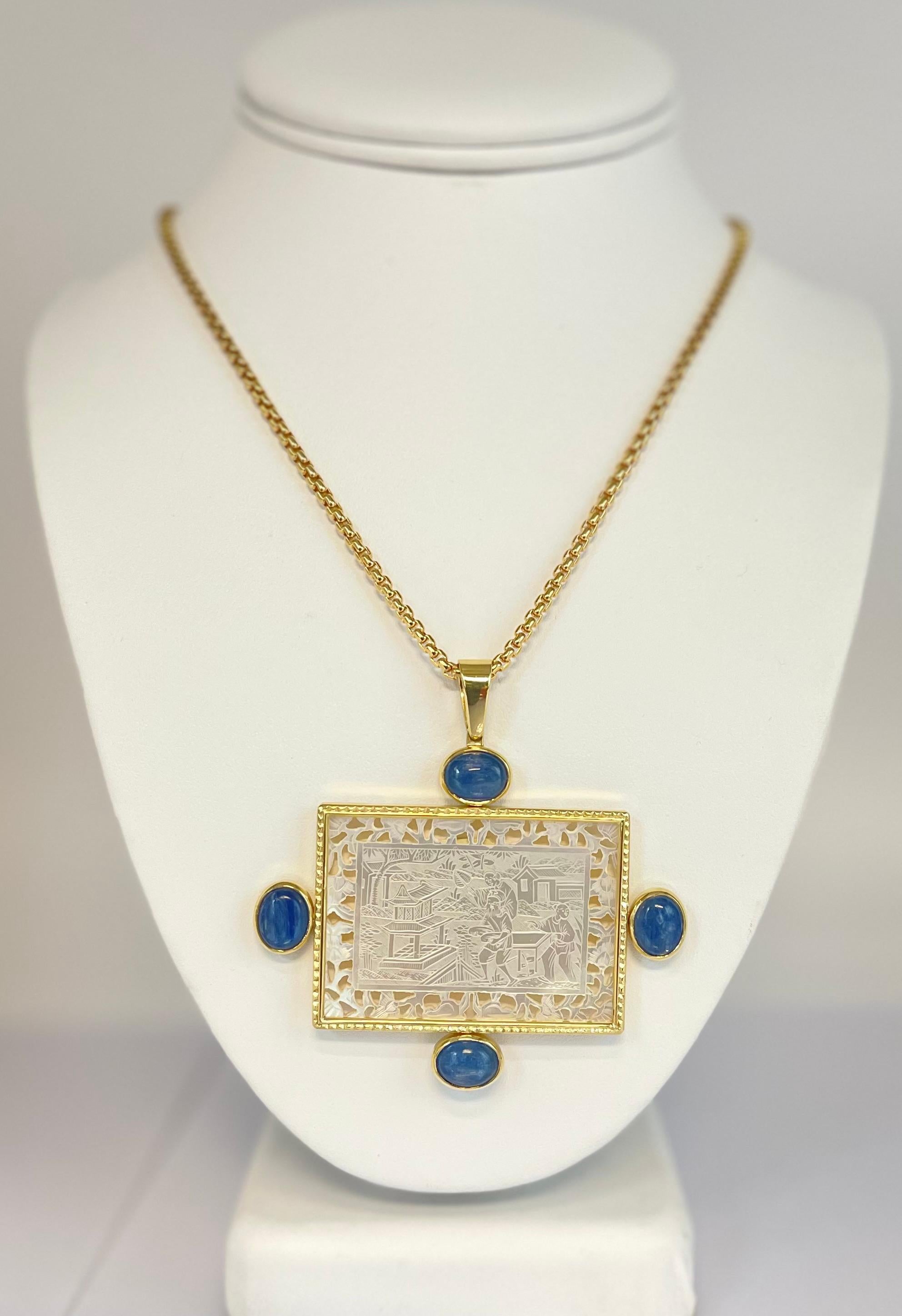 Mother-of-Pearl Antique Engraved Gaming Counter & Kyanite Yellow Gold Pendant 3