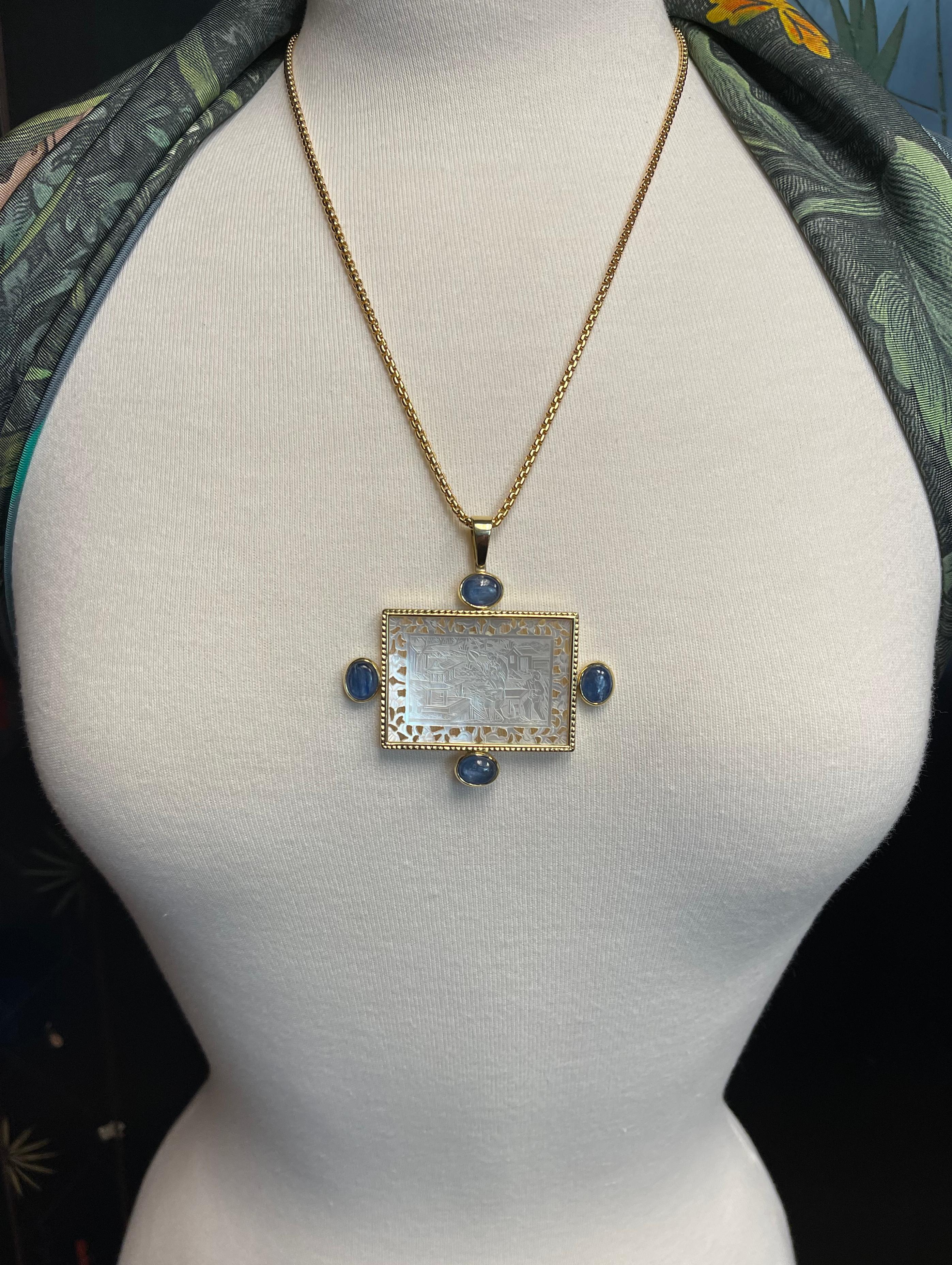 Mother-of-Pearl Antique Engraved Gaming Counter & Kyanite Yellow Gold Pendant 4