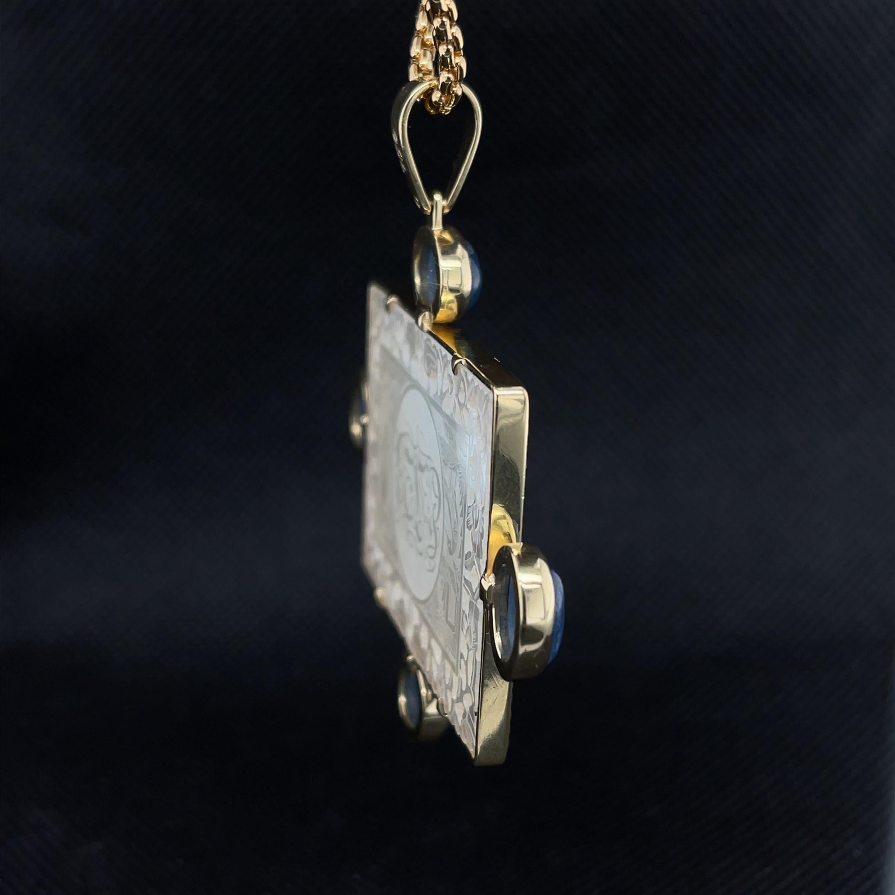 Artisan Mother-of-Pearl Antique Engraved Gaming Counter & Kyanite Yellow Gold Pendant 