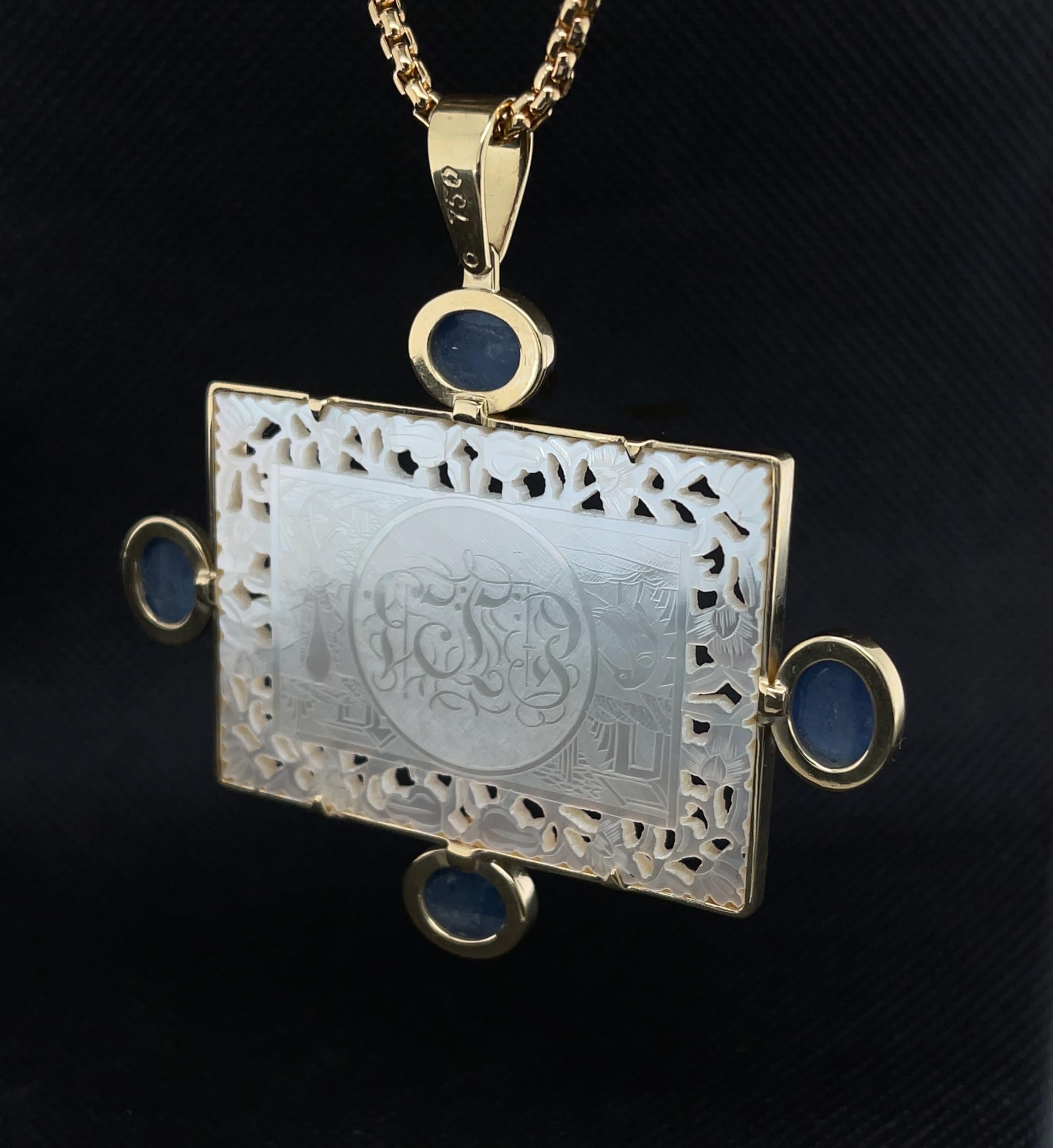 Cabochon Mother-of-Pearl Antique Engraved Gaming Counter & Kyanite Yellow Gold Pendant