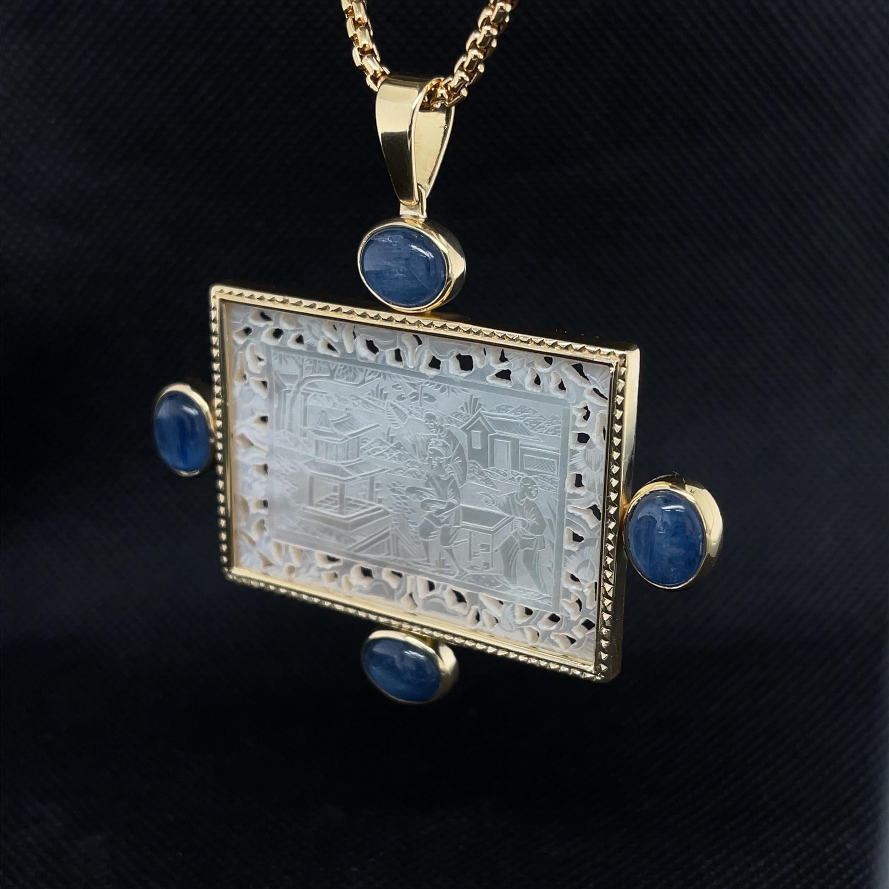 Mother-of-Pearl Antique Engraved Gaming Counter & Kyanite Yellow Gold Pendant In New Condition In Los Angeles, CA
