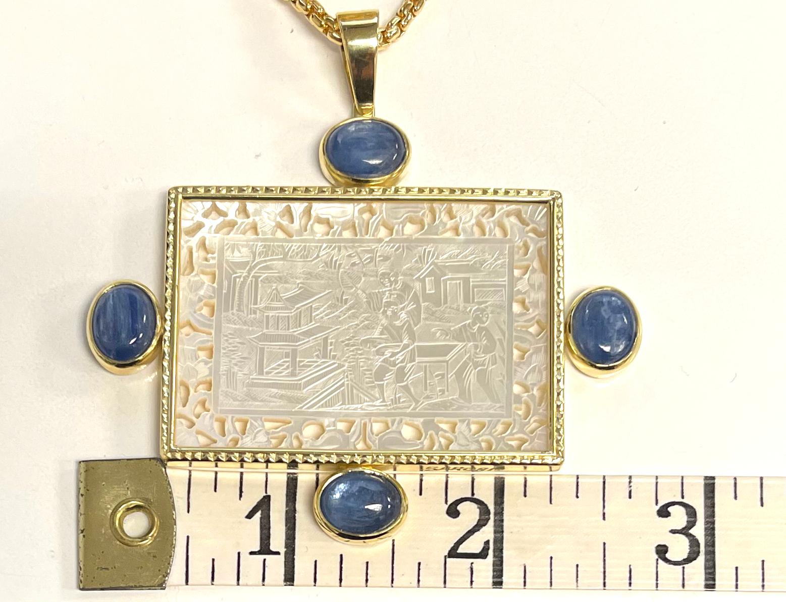 Women's Mother-of-Pearl Antique Engraved Gaming Counter & Kyanite Yellow Gold Pendant 