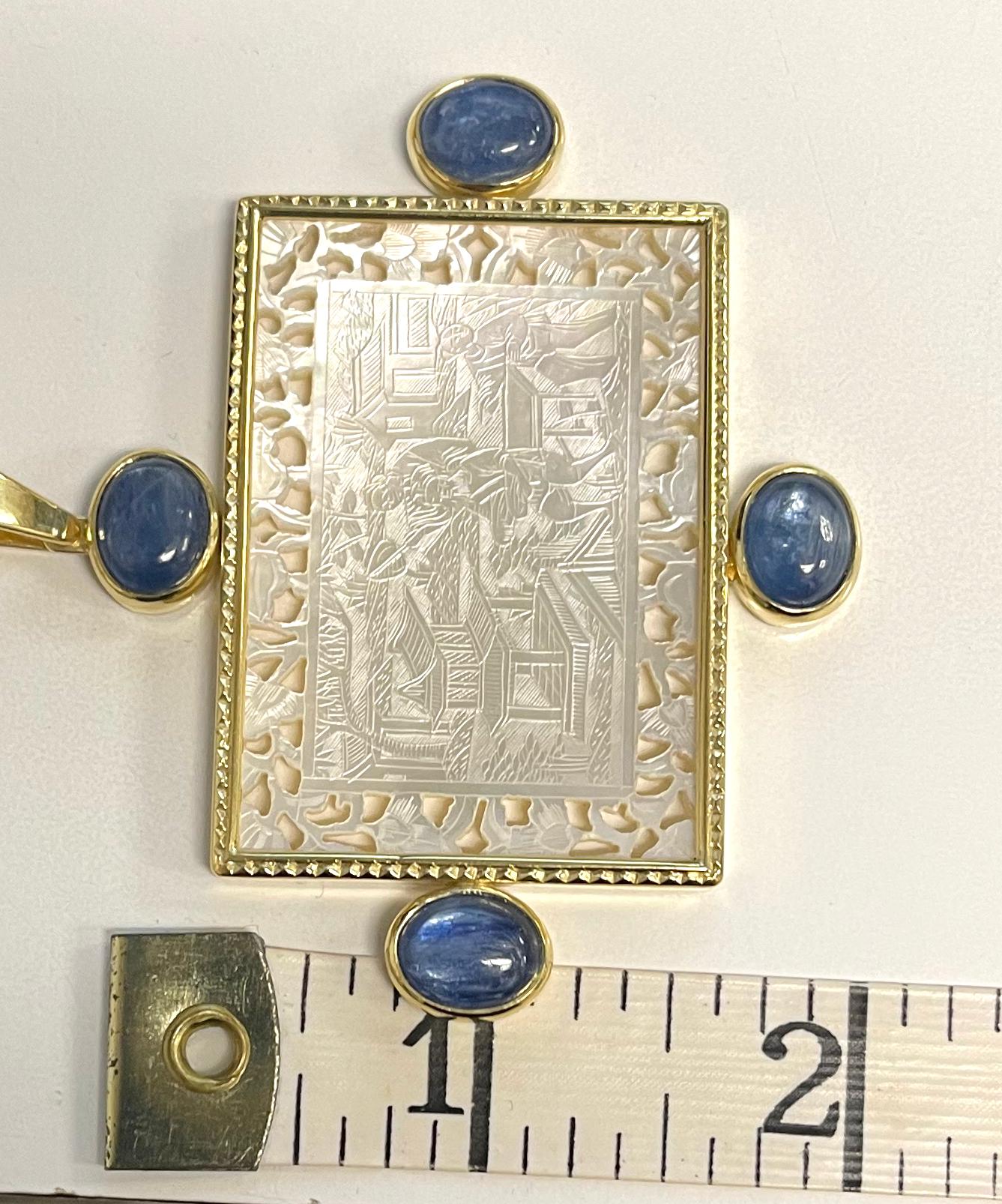 Mother-of-Pearl Antique Engraved Gaming Counter & Kyanite Yellow Gold Pendant 1