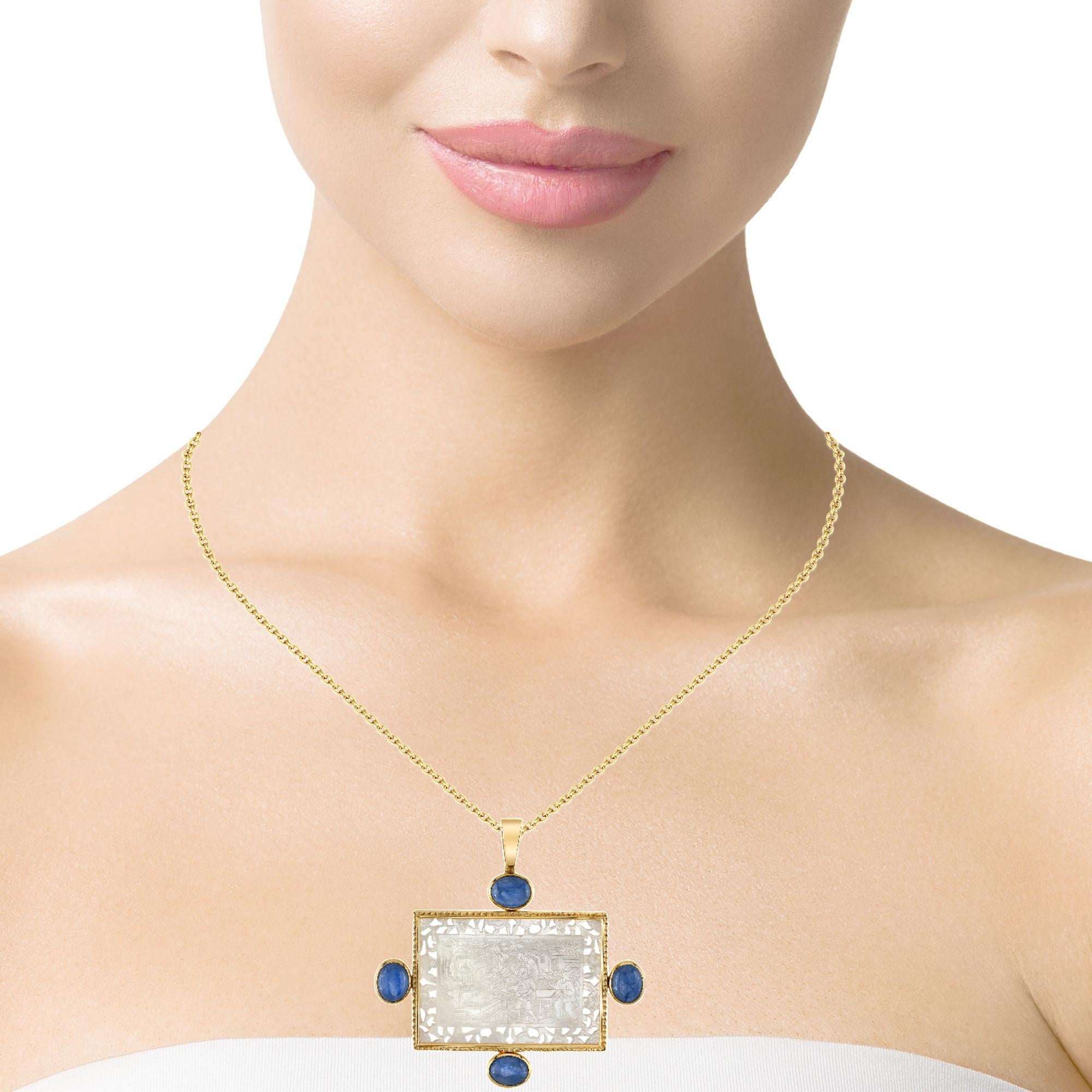 Mother-of-Pearl Antique Engraved Gaming Counter & Kyanite Yellow Gold Pendant 2