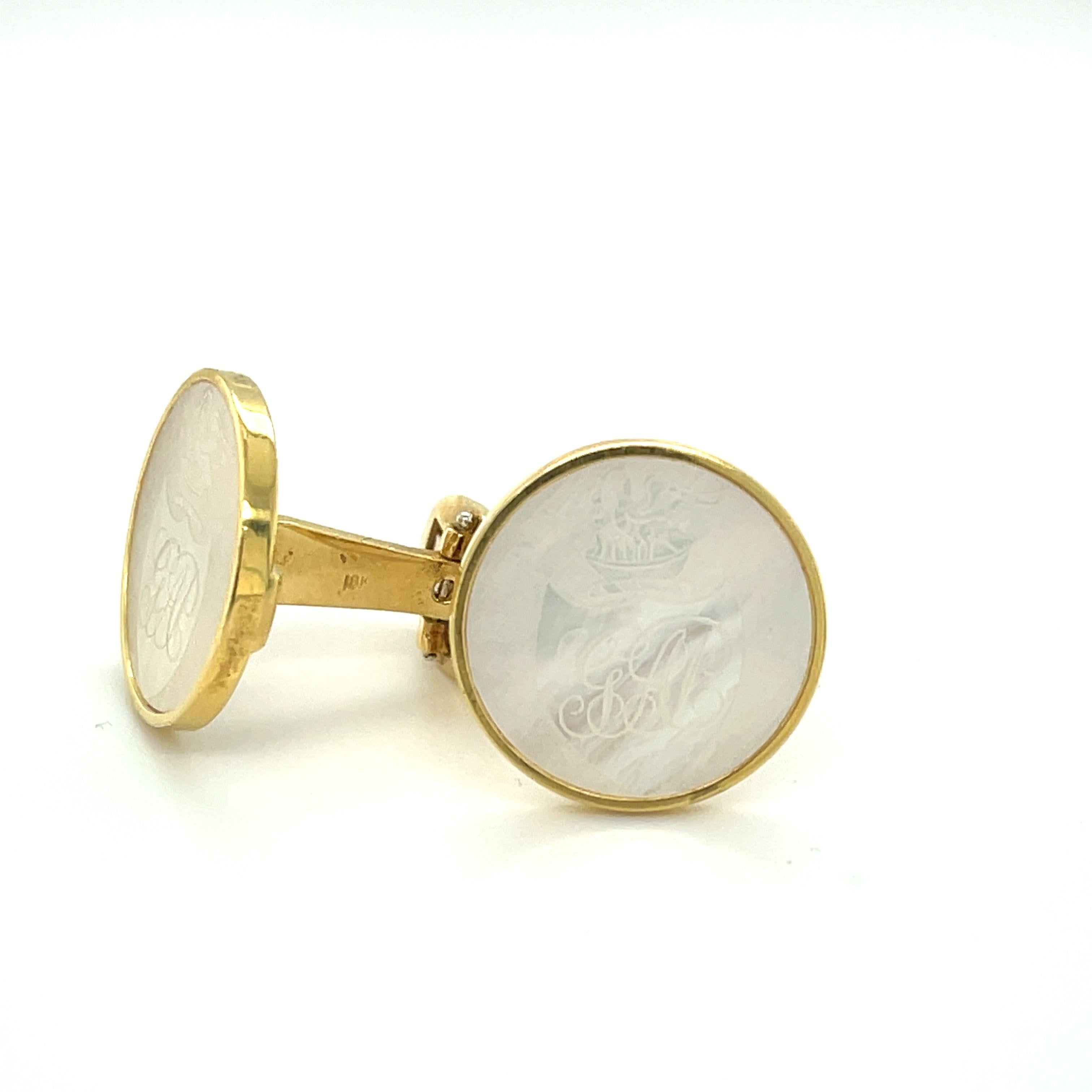 Custom-made cufflinks - for the man who has (almost) everything! These handmade 18k yellow gold cufflinks feature a beautiful pair of mother-of-pearl antique gaming counters that were originally carved in China in the 1800's. Hand-carved gaming