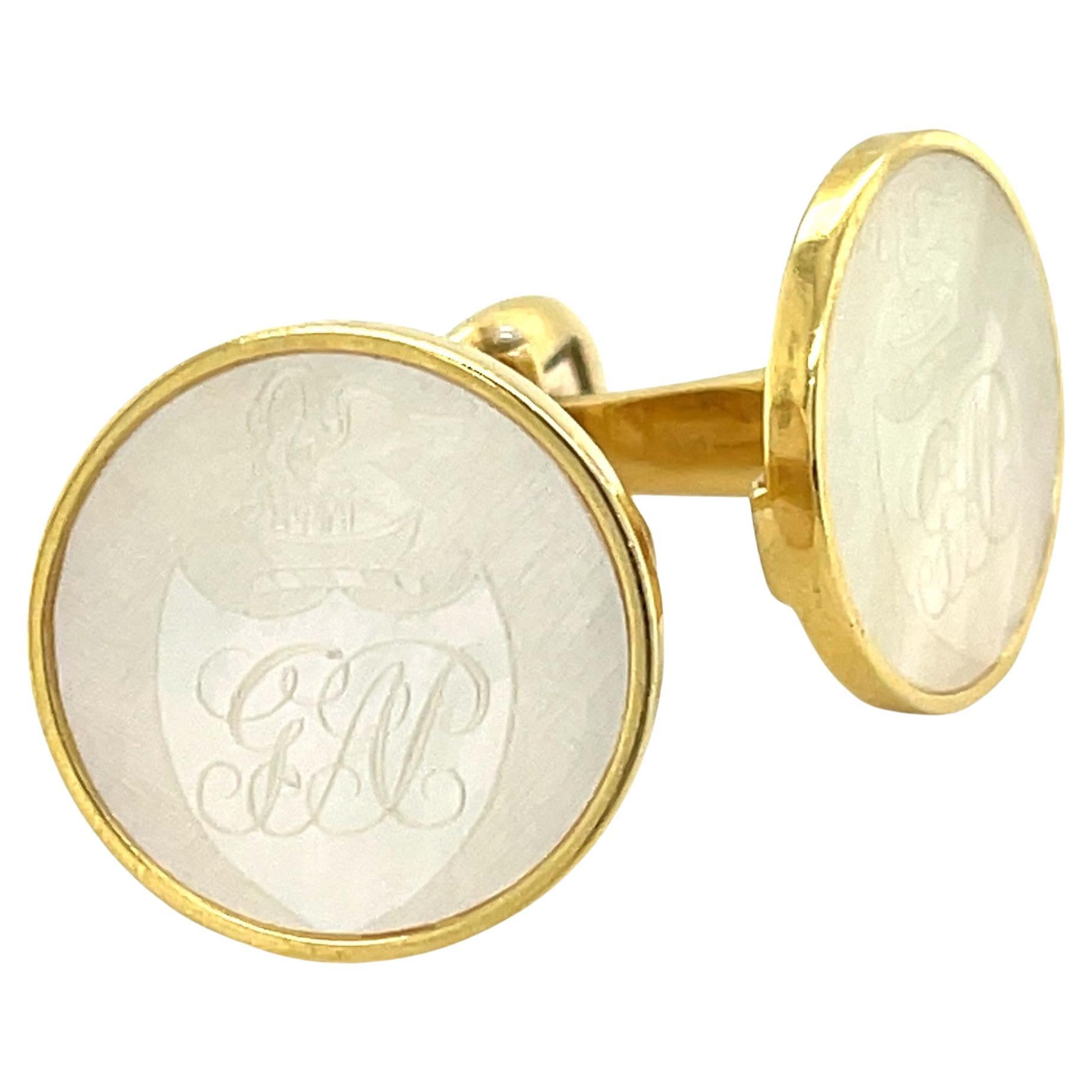 Mother-of-pearl Antique Gaming Counter, 18k Yellow Gold Bezel Cuff Links
