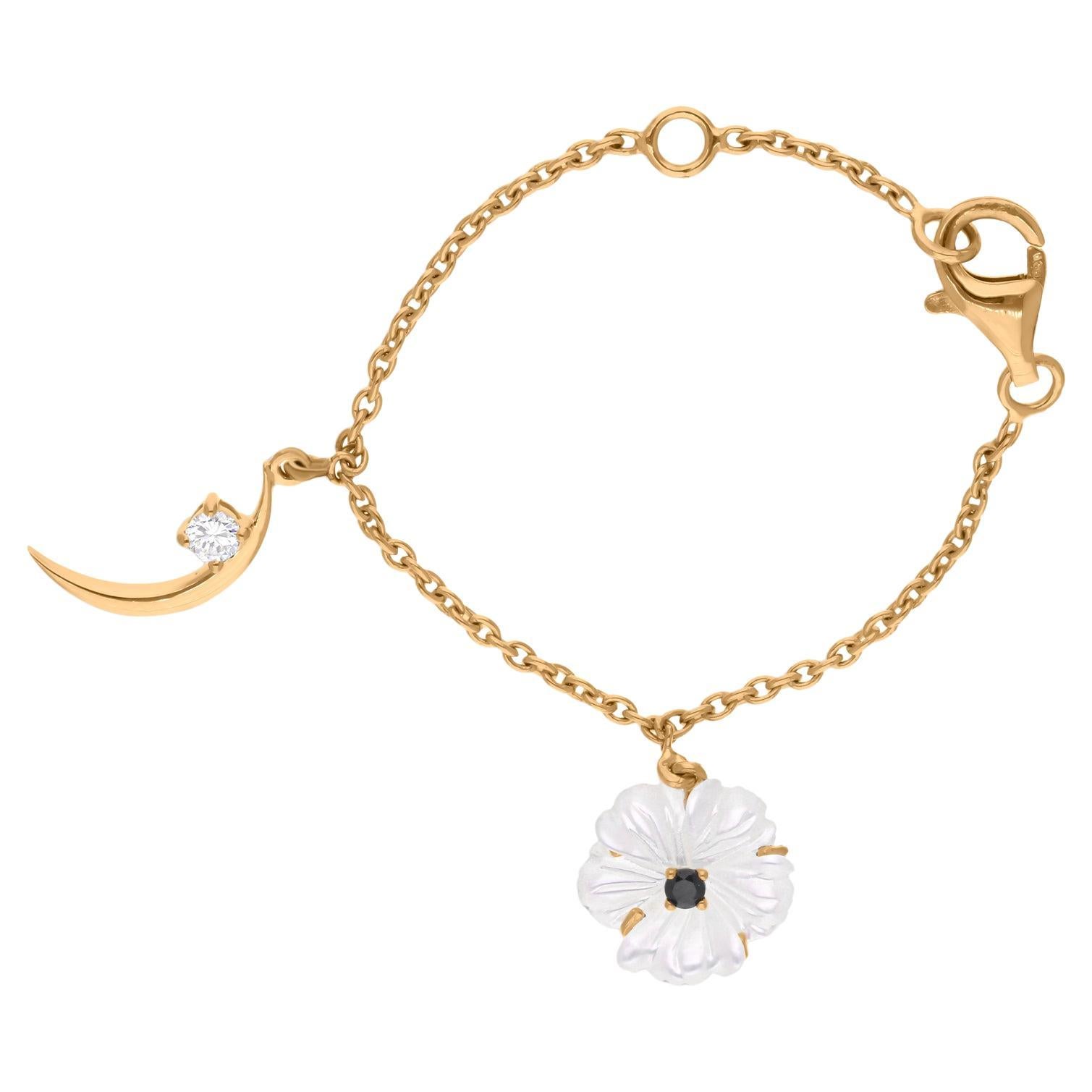 Mother of Pearl Black Spinel Watch Charms Bracelet SI/H Diamond 14k Yellow Gold