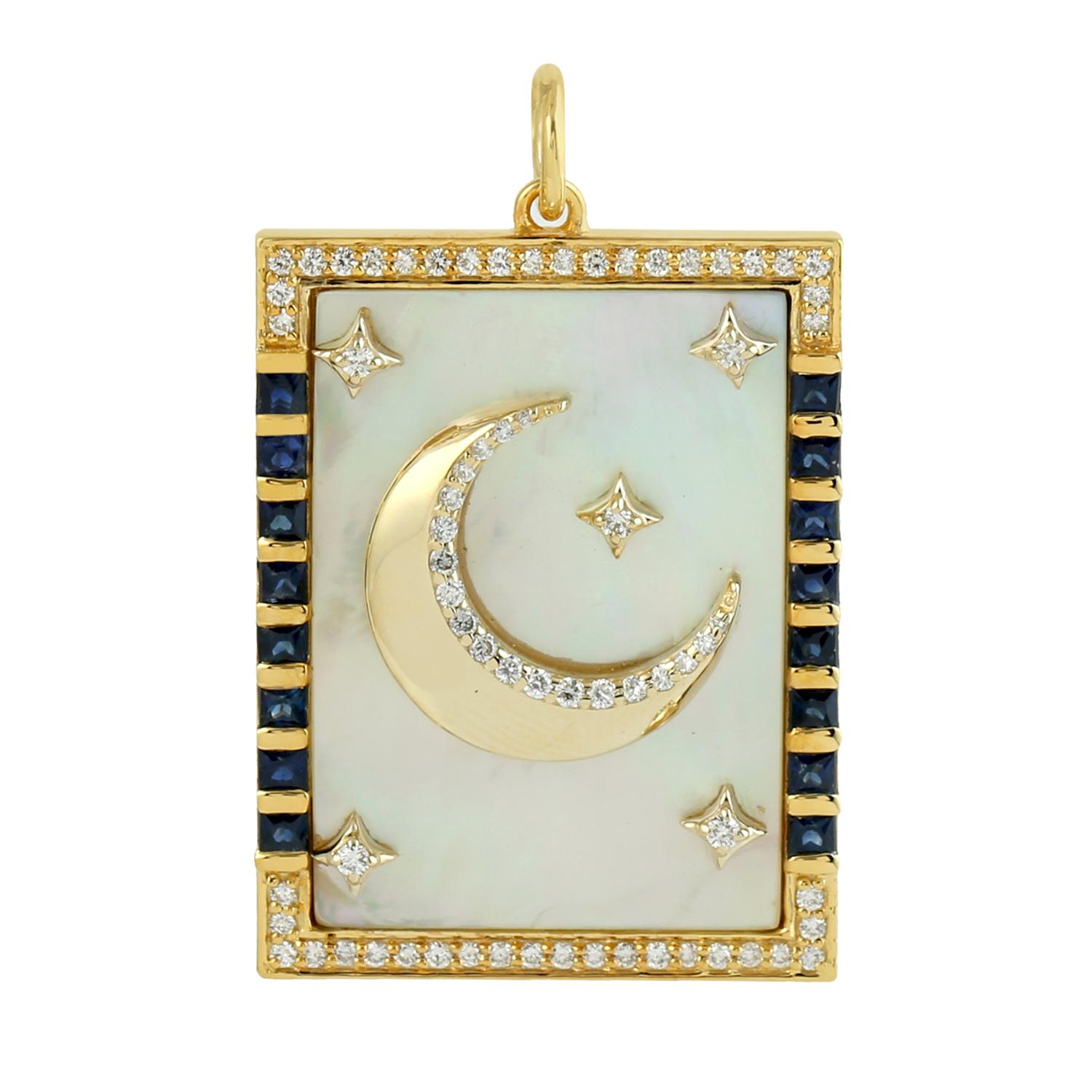 Women's Mother Of Pearl & Blue Sapphire Crescent Moon & Star Pendant In 14k Yellow Gold For Sale