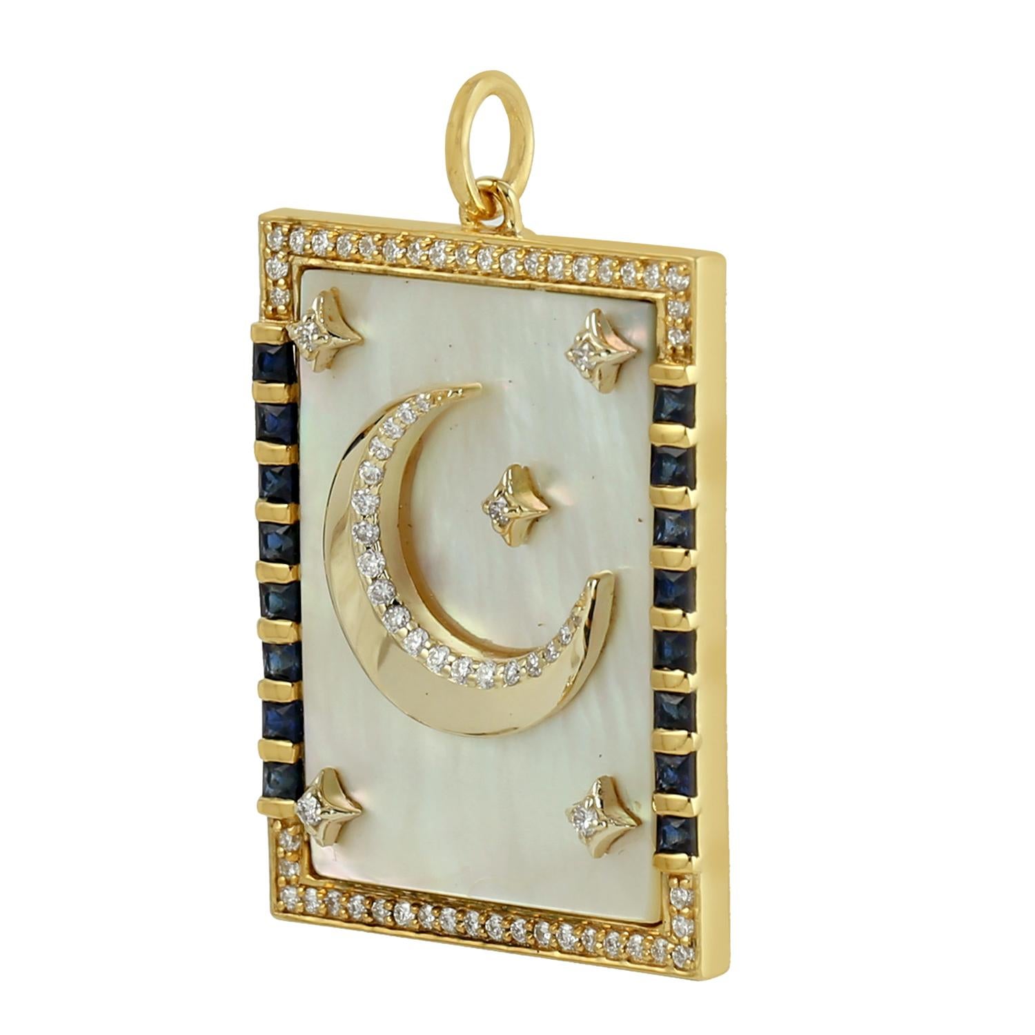 Mixed Cut Mother Of Pearl & Blue Sapphire Crescent Moon & Star Pendant In 14k Yellow Gold For Sale