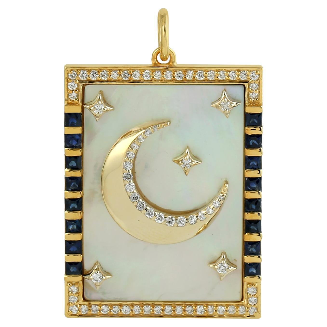 Mother Of Pearl & Blue Sapphire Crescent Moon & Star Pendant In 14k Yellow Gold