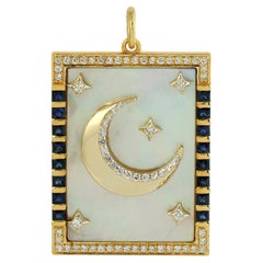 Pendentif nacre et saphir bleu croissant de lune et étoile en or jaune 14k