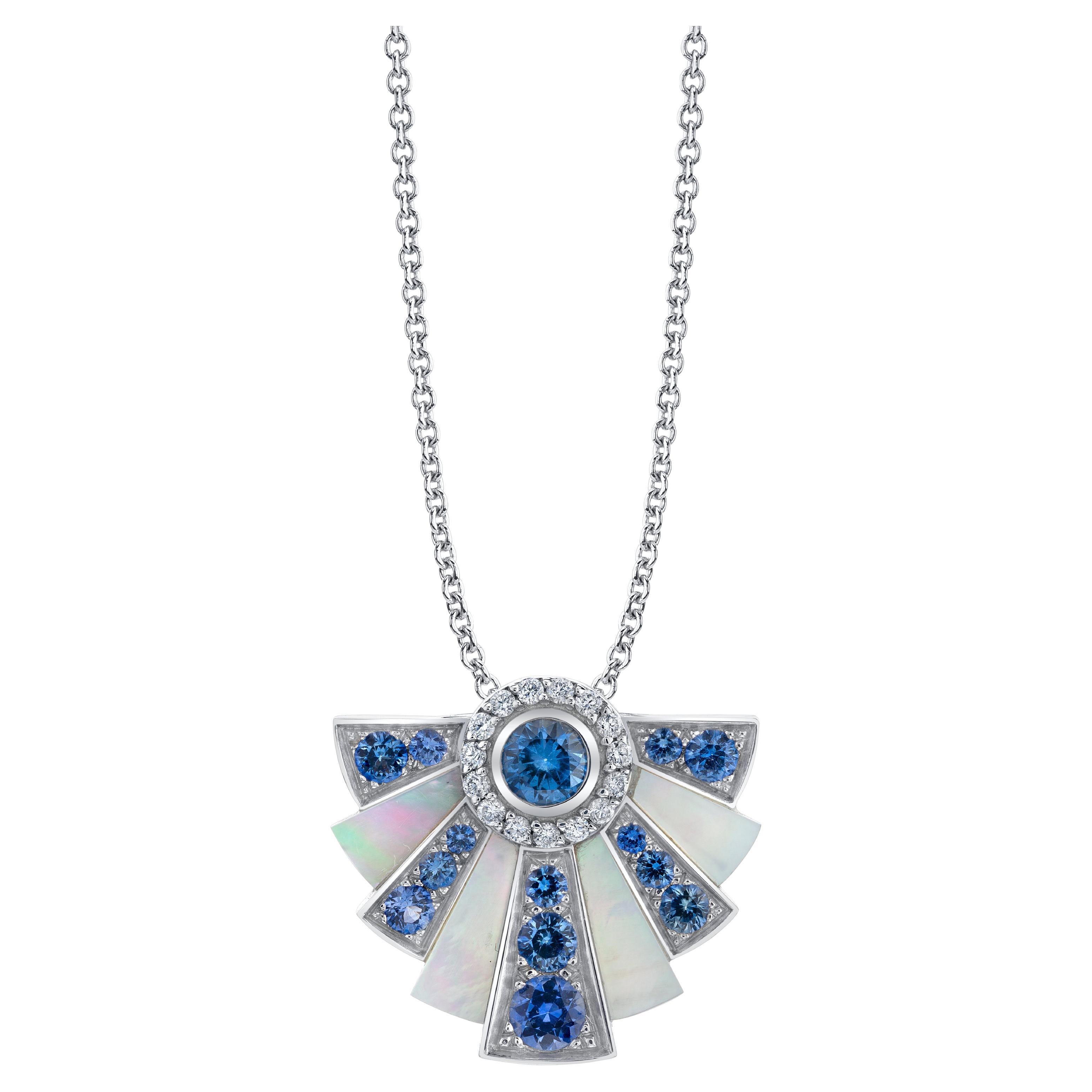 Mother-of-Pearl Blue Sapphire 
Diamond 18K White Gold Necklace For Sale