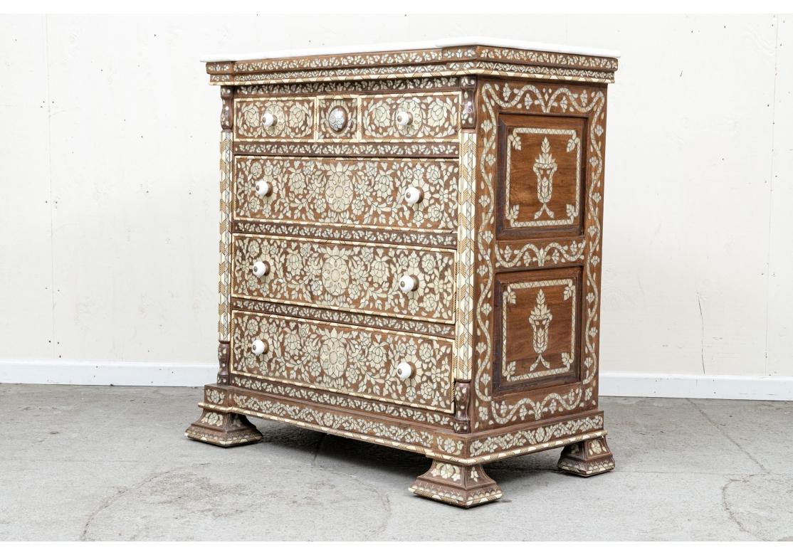 Mother Of Pearl, Bone & Silvered Metal Inlaid Chest With Marble Top For Sale 6