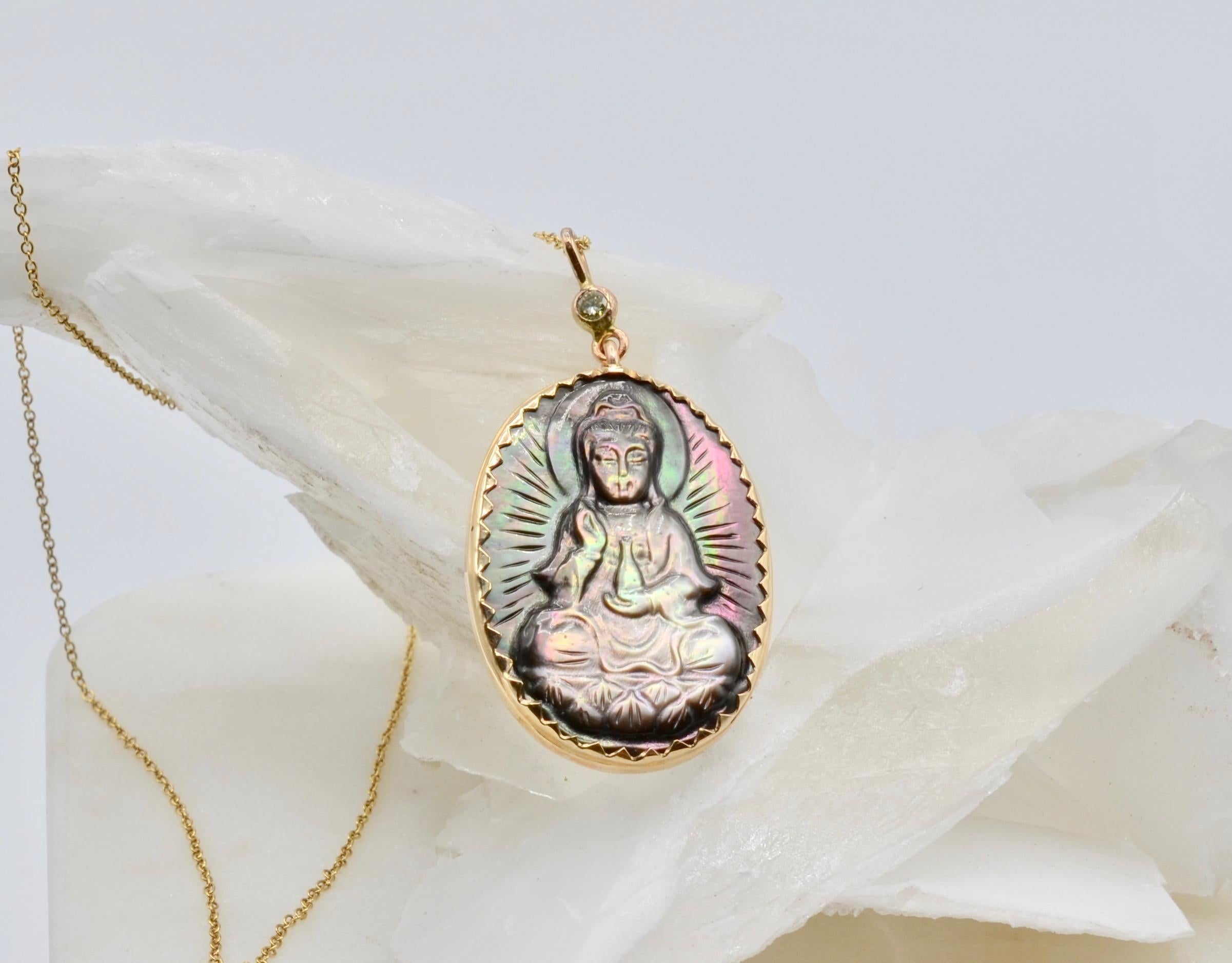 Contemporary Mother of Pearl Buddha Set in 14 Karat Gold with Diamond Bale Necklace For Sale