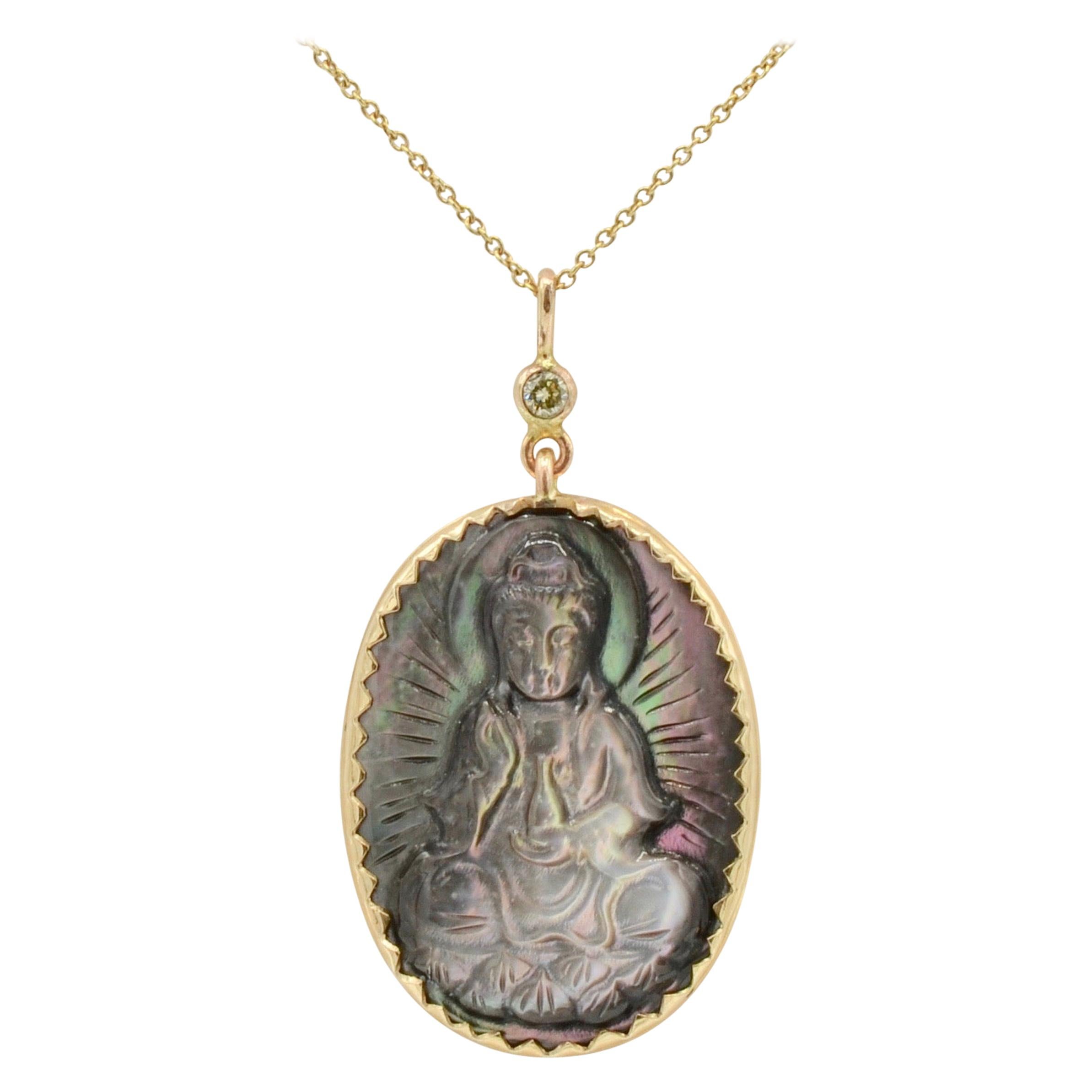 Mother of Pearl Buddha Set in 14 Karat Gold with Diamond Bale Necklace For Sale
