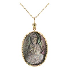 Mother of Pearl Buddha Set in 14 Karat Gold with Diamond Bale Necklace