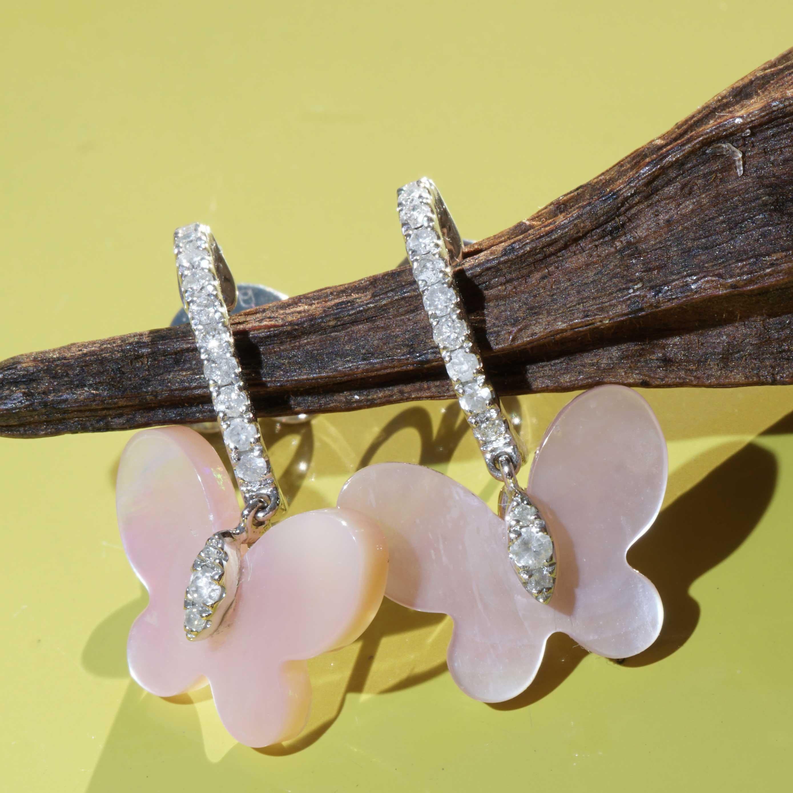 Modern Mother of Pearl Butterfly Brilliant Earrings 0.24 ct   Lightheartedness and Joy For Sale