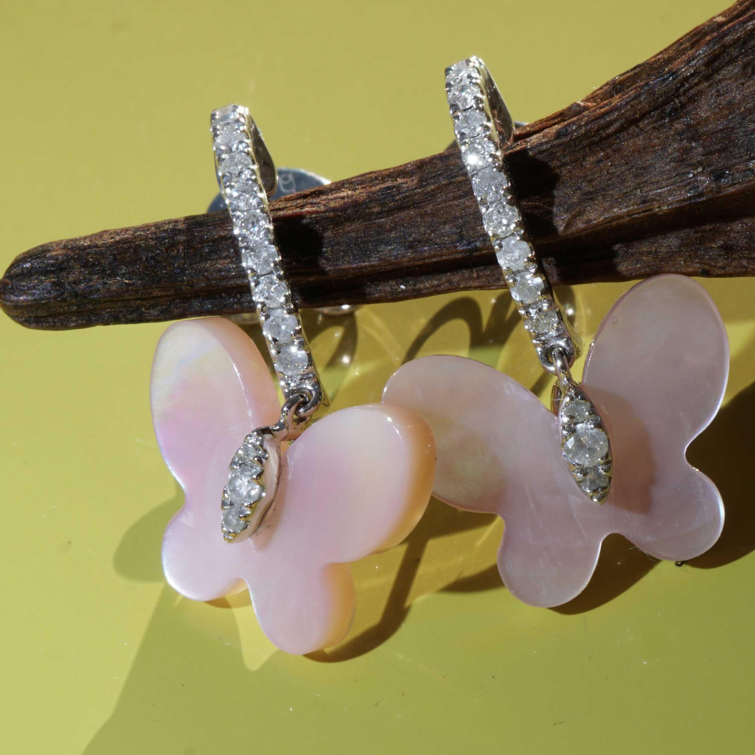 Brilliant Cut Mother of Pearl Butterfly Brilliant Earrings 0.24 ct   Lightheartedness and Joy For Sale