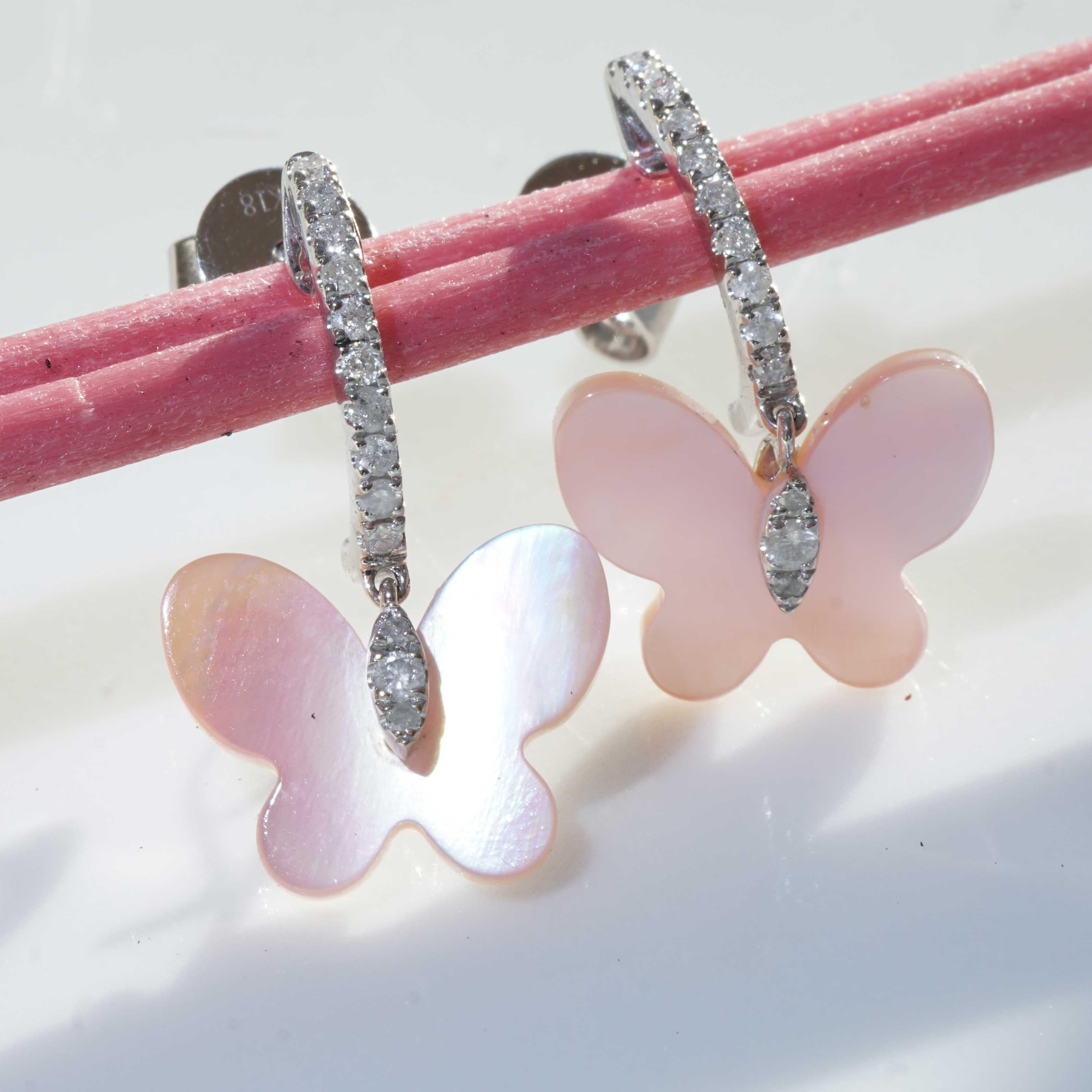 Mother of Pearl Butterfly Brilliant Earrings 0.24 ct   Lightheartedness and Joy For Sale 2