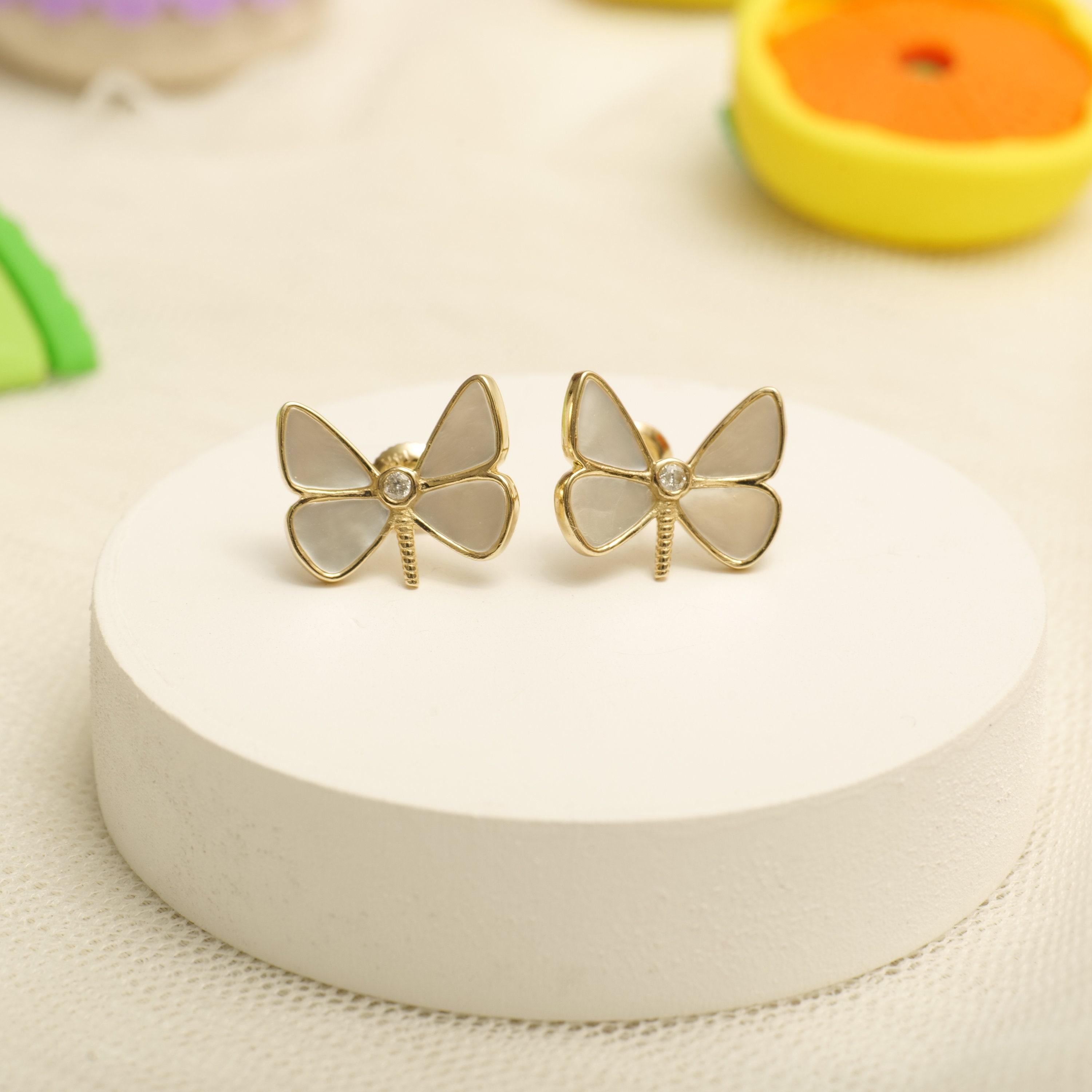 Art Deco Mother Of Pearl Butterfly Diamond Stud Earrings in 14K Solid Gold (Certified) For Sale