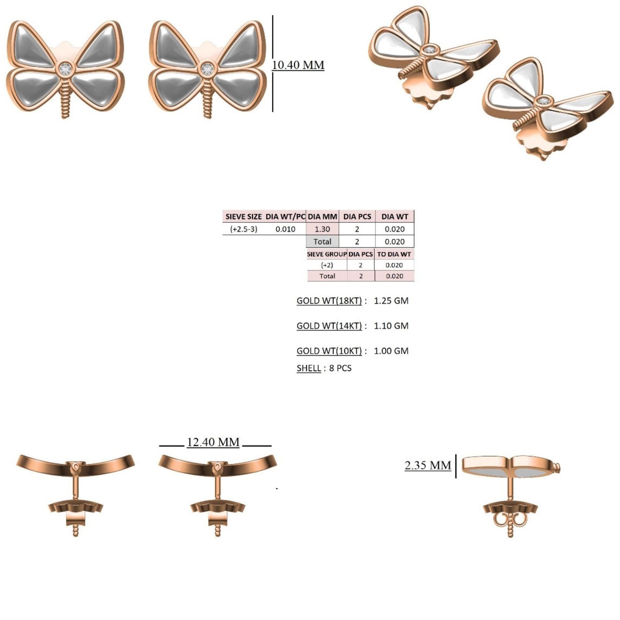 Round Cut Mother Of Pearl Butterfly Diamond Stud Earrings in 14K Solid Gold (Certified) For Sale