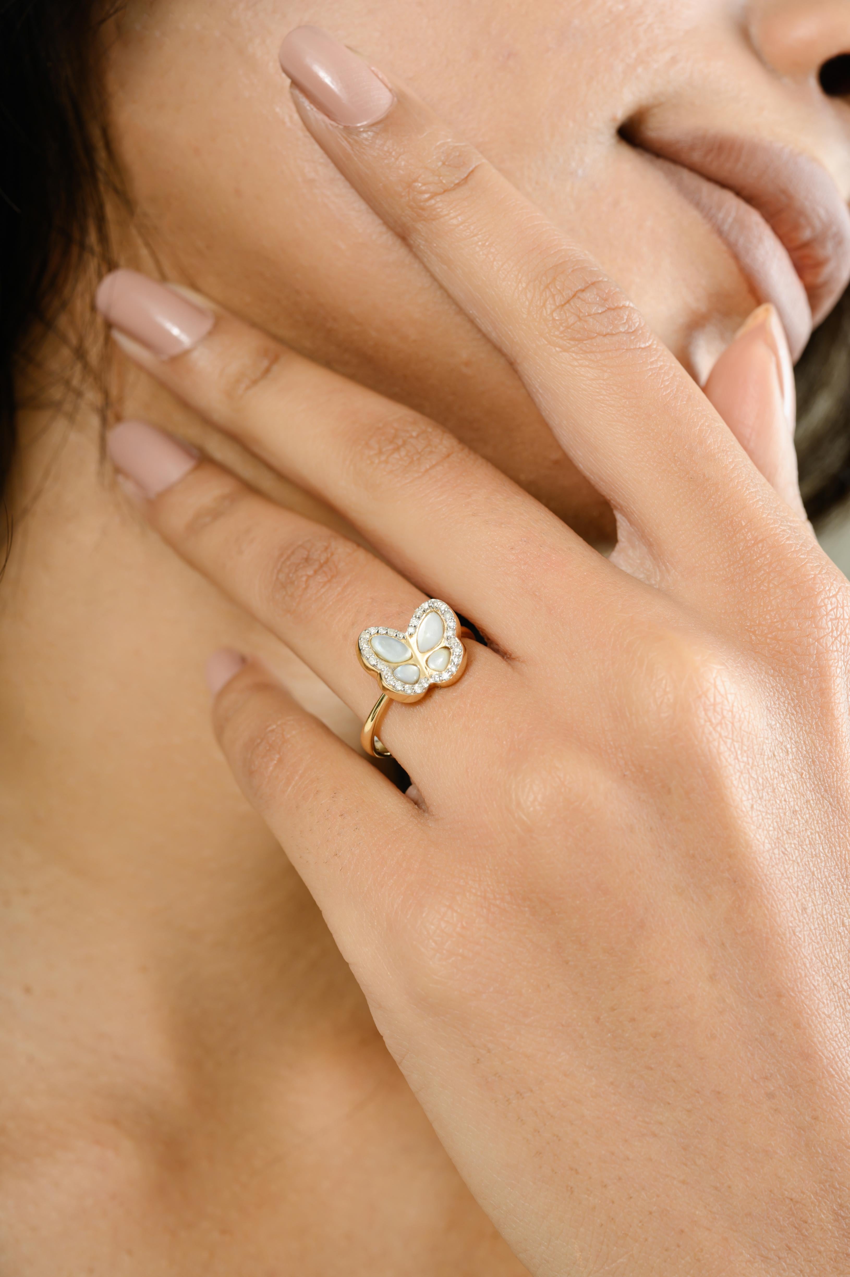 For Sale:  Mother of Pearl Butterfly Ring with Diamonds Girlfriend Gift in 14k Yellow Gold 2