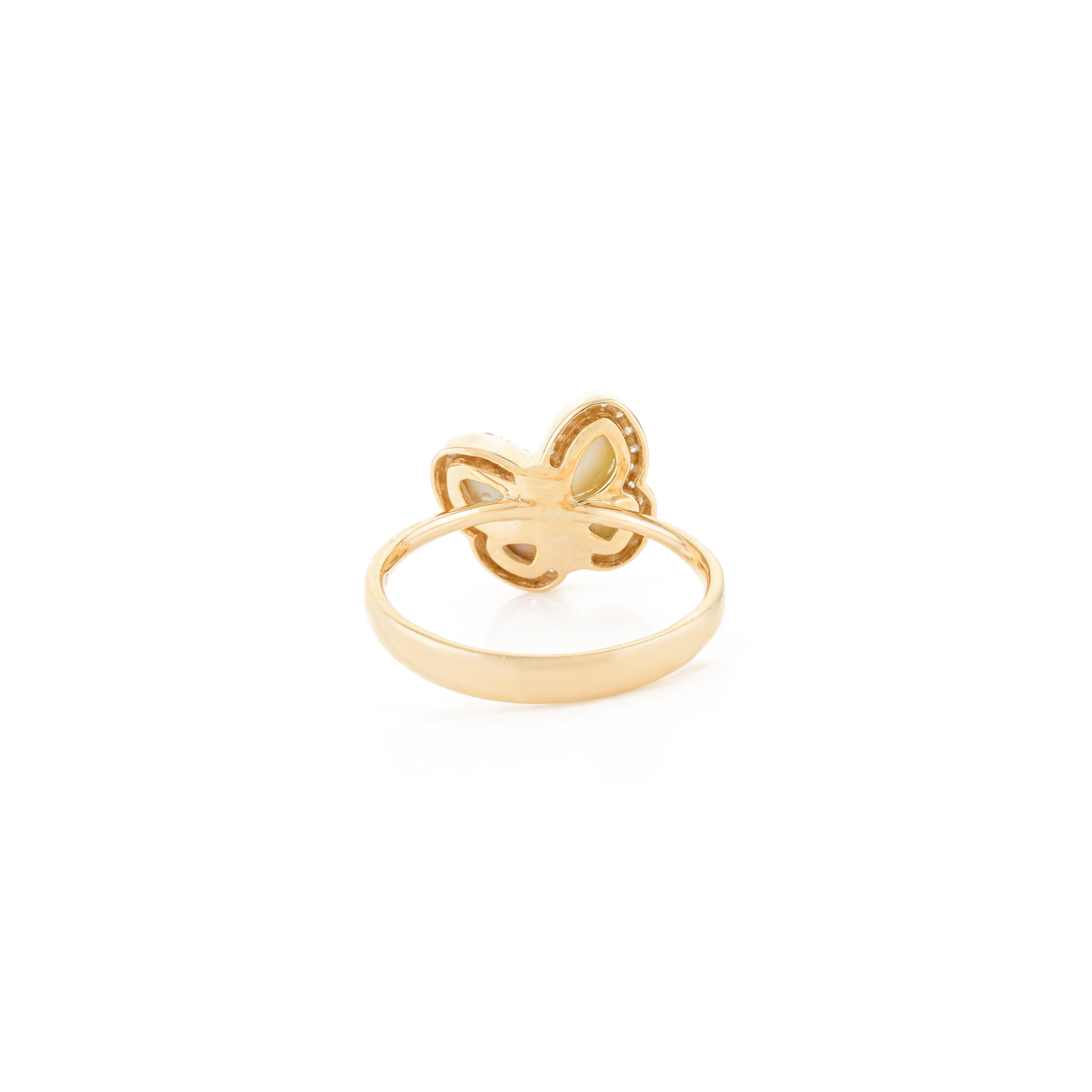For Sale:  Mother of Pearl Butterfly Ring with Diamonds Girlfriend Gift in 14k Yellow Gold 4