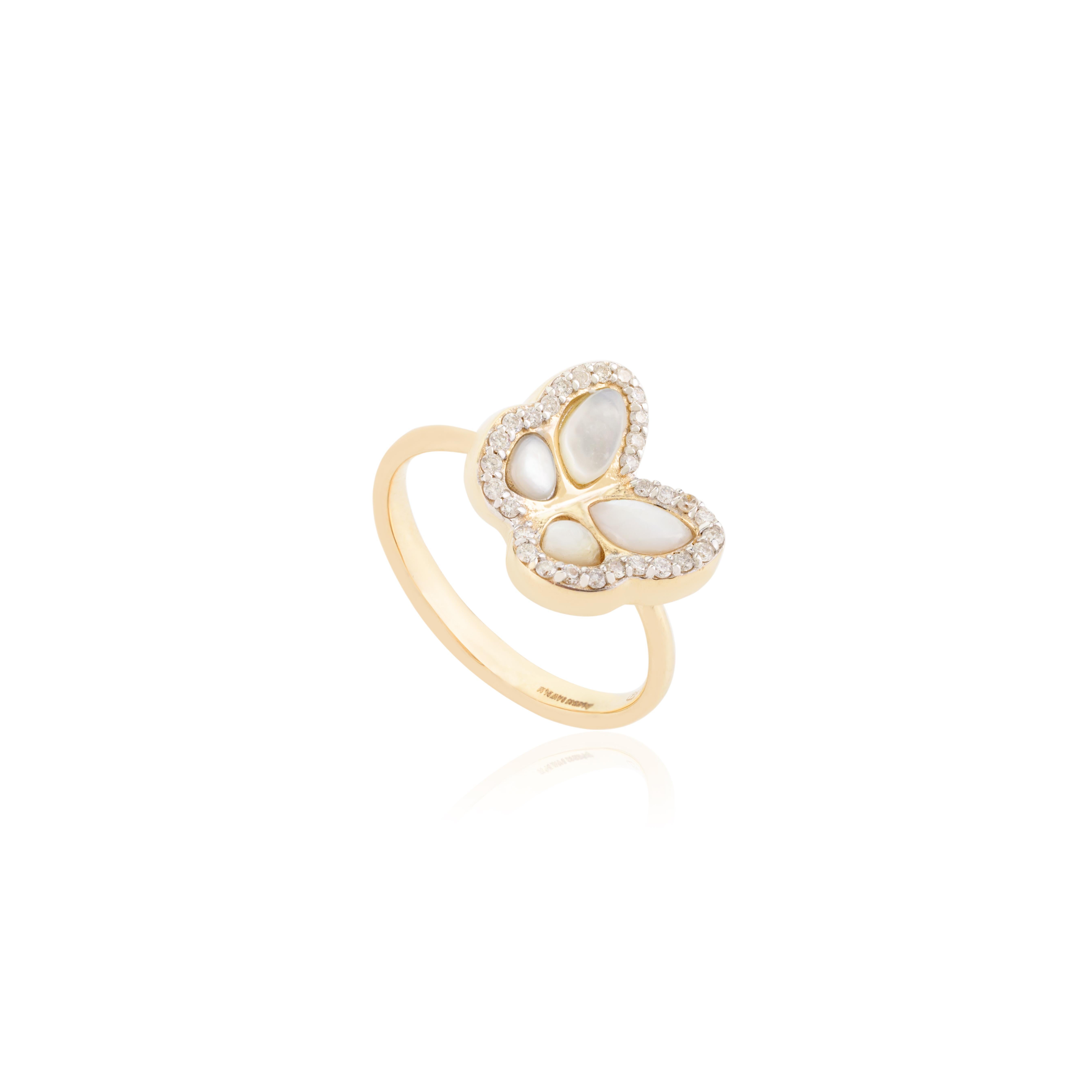 For Sale:  Mother of Pearl Butterfly Ring with Diamonds Girlfriend Gift in 14k Yellow Gold 6